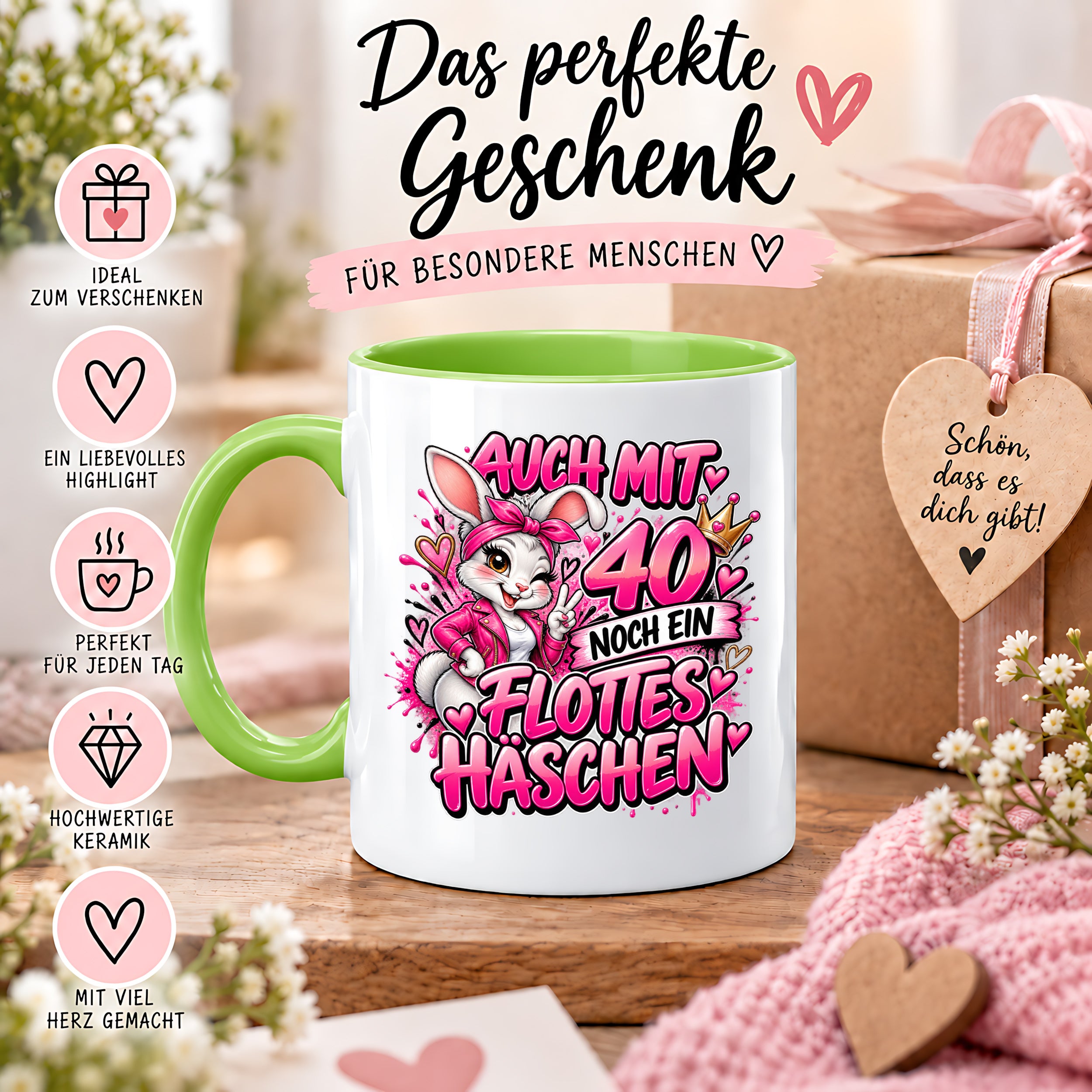 Herzbotschaft Tasse 40. Geburtstag Frau – Auch mit 40 noch ein flottes Häschen – lustiges Geburtstagsgeschenk für Frauen, Freundin, Schwester, Kollegin, Mama oder Ehefrau – witzige Hasen Tasse – 330 ml Keramiktasse