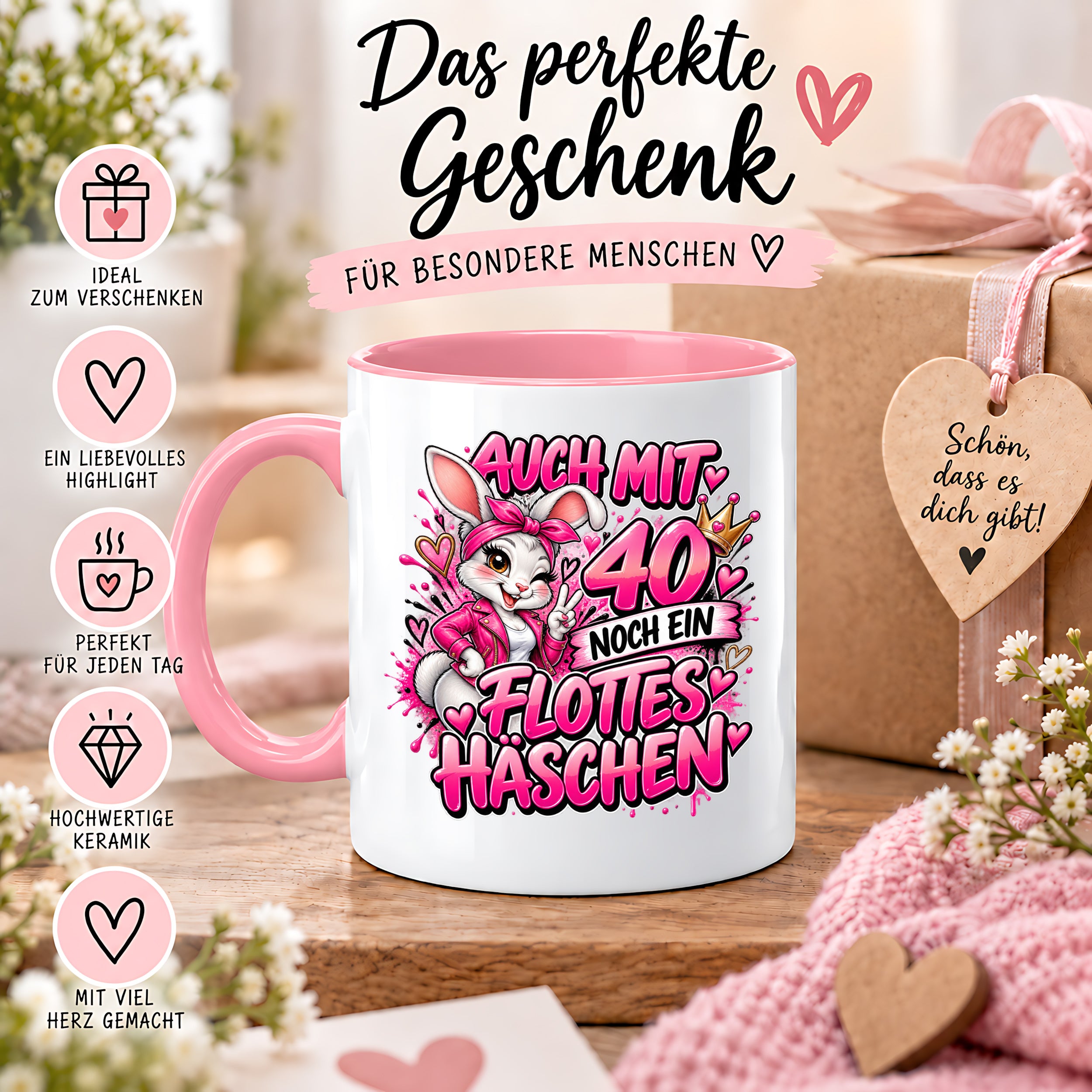 Herzbotschaft Tasse 40. Geburtstag Frau – Auch mit 40 noch ein flottes Häschen – lustiges Geburtstagsgeschenk für Frauen, Freundin, Schwester, Kollegin, Mama oder Ehefrau – witzige Hasen Tasse – 330 ml Keramiktasse