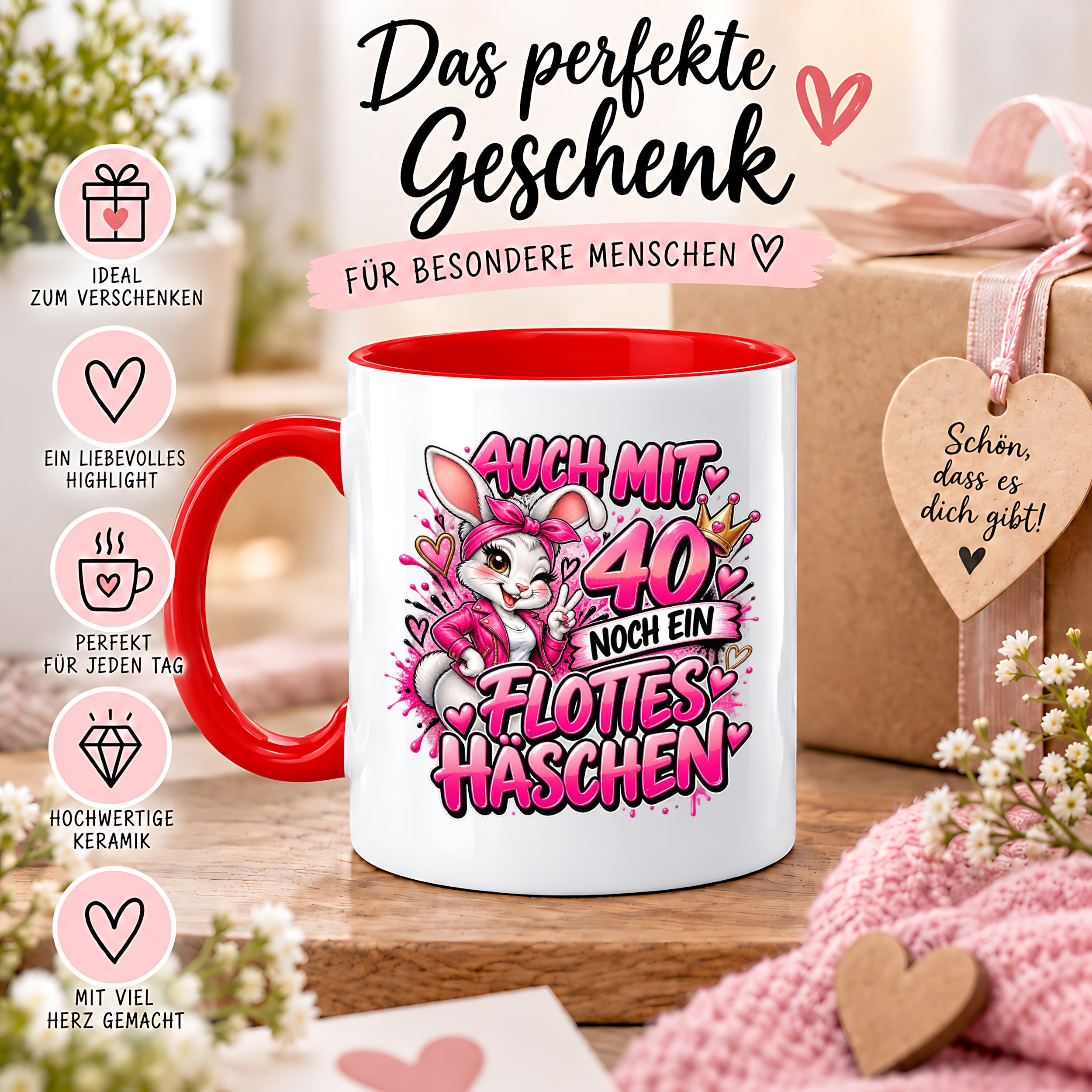 Herzbotschaft Tasse 40. Geburtstag Frau – Auch mit 40 noch ein flottes Häschen – lustiges Geburtstagsgeschenk für Frauen, Freundin, Schwester, Kollegin, Mama oder Ehefrau – witzige Hasen Tasse – 330 ml Keramiktasse
