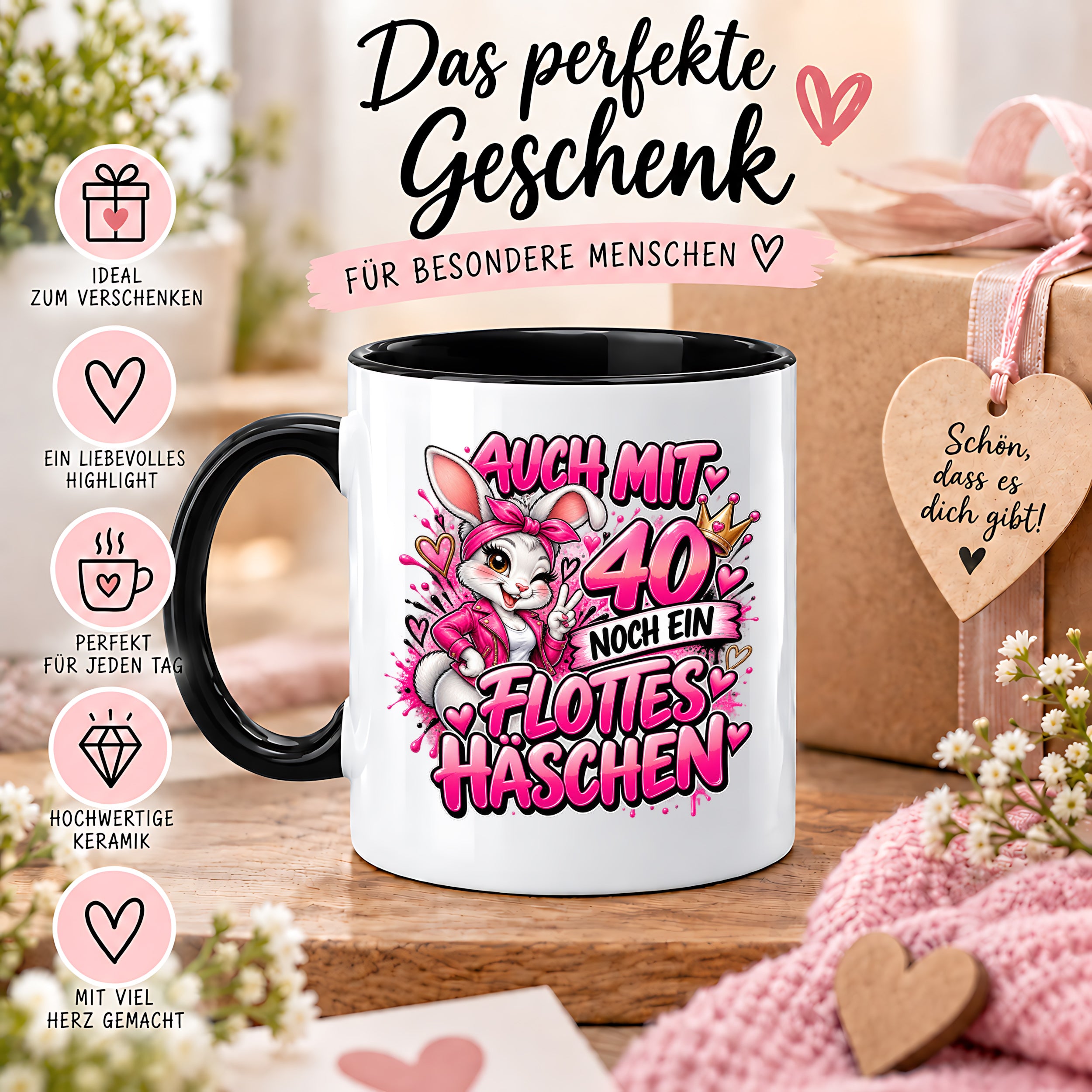 Herzbotschaft Tasse 40. Geburtstag Frau – Auch mit 40 noch ein flottes Häschen – lustiges Geburtstagsgeschenk für Frauen, Freundin, Schwester, Kollegin, Mama oder Ehefrau – witzige Hasen Tasse – 330 ml Keramiktasse