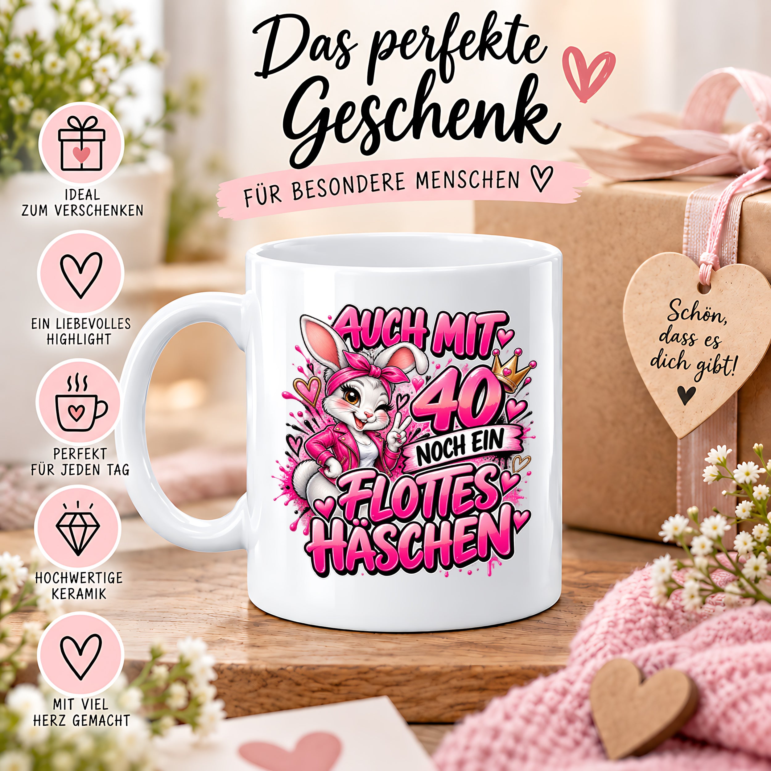Herzbotschaft Tasse 40. Geburtstag Frau – Auch mit 40 noch ein flottes Häschen – lustiges Geburtstagsgeschenk für Frauen, Freundin, Schwester, Kollegin, Mama oder Ehefrau – witzige Hasen Tasse – 330 ml Keramiktasse