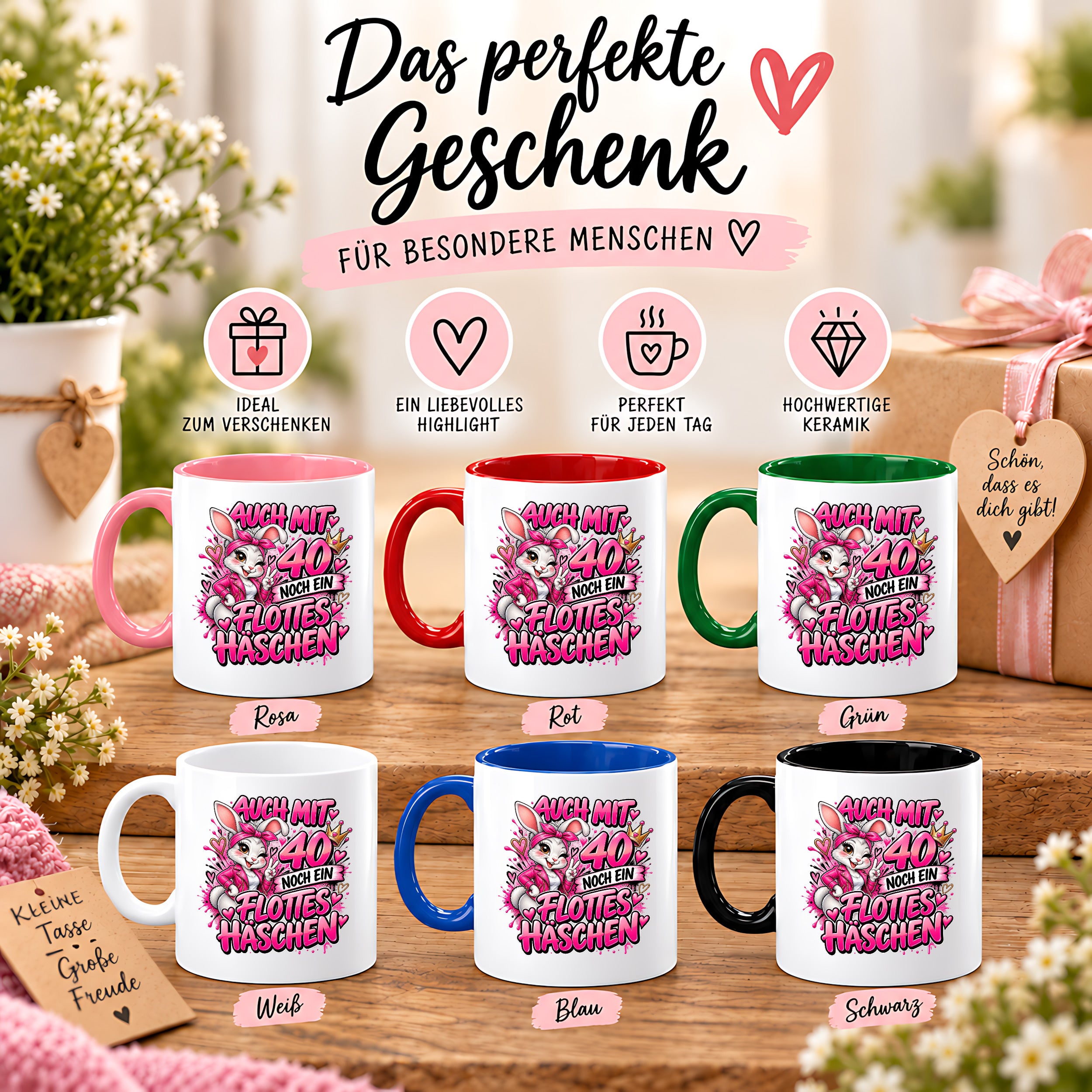 Herzbotschaft Tasse 40. Geburtstag Frau – Auch mit 40 noch ein flottes Häschen – lustiges Geburtstagsgeschenk für Frauen, Freundin, Schwester, Kollegin, Mama oder Ehefrau – witzige Hasen Tasse – 330 ml Keramiktasse