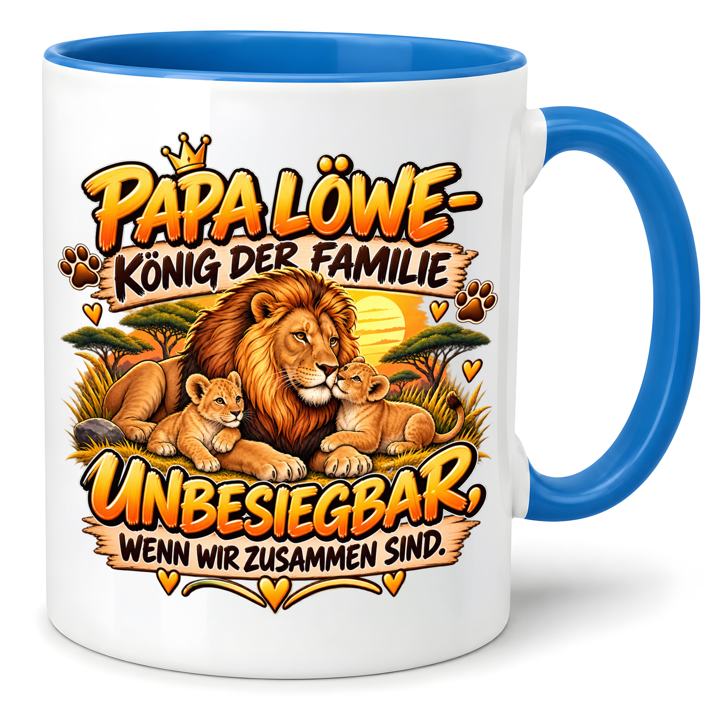 Herzbotschaft Papa Löwe Tasse – König der Familie – Unbesiegbar wenn wir zusammen sind – Geschenk für Papa, Vater, Ehemann – Löwen Familien Tasse – 330 ml