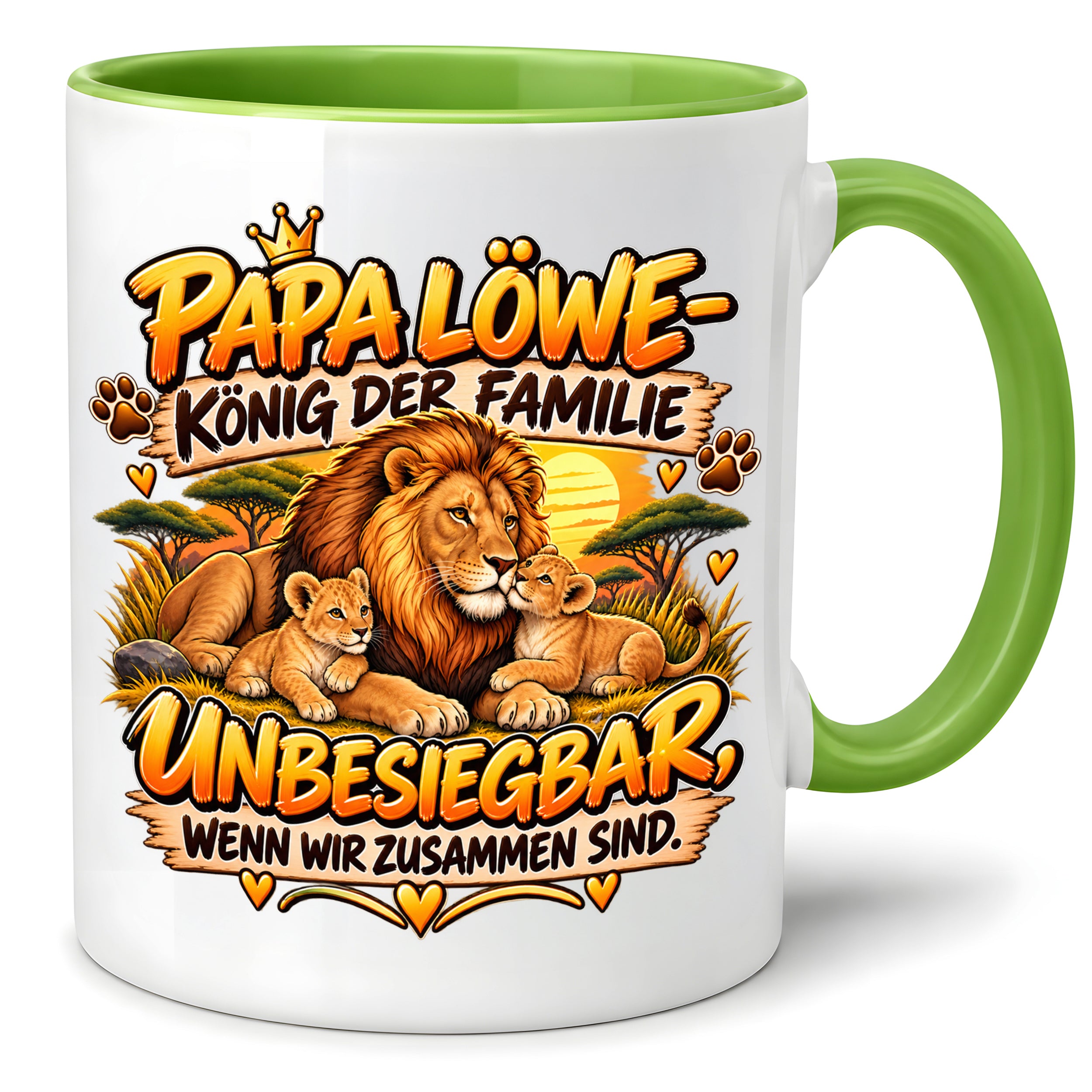 Herzbotschaft Papa Löwe Tasse – König der Familie – Unbesiegbar wenn wir zusammen sind – Geschenk für Papa, Vater, Ehemann – Löwen Familien Tasse – 330 ml