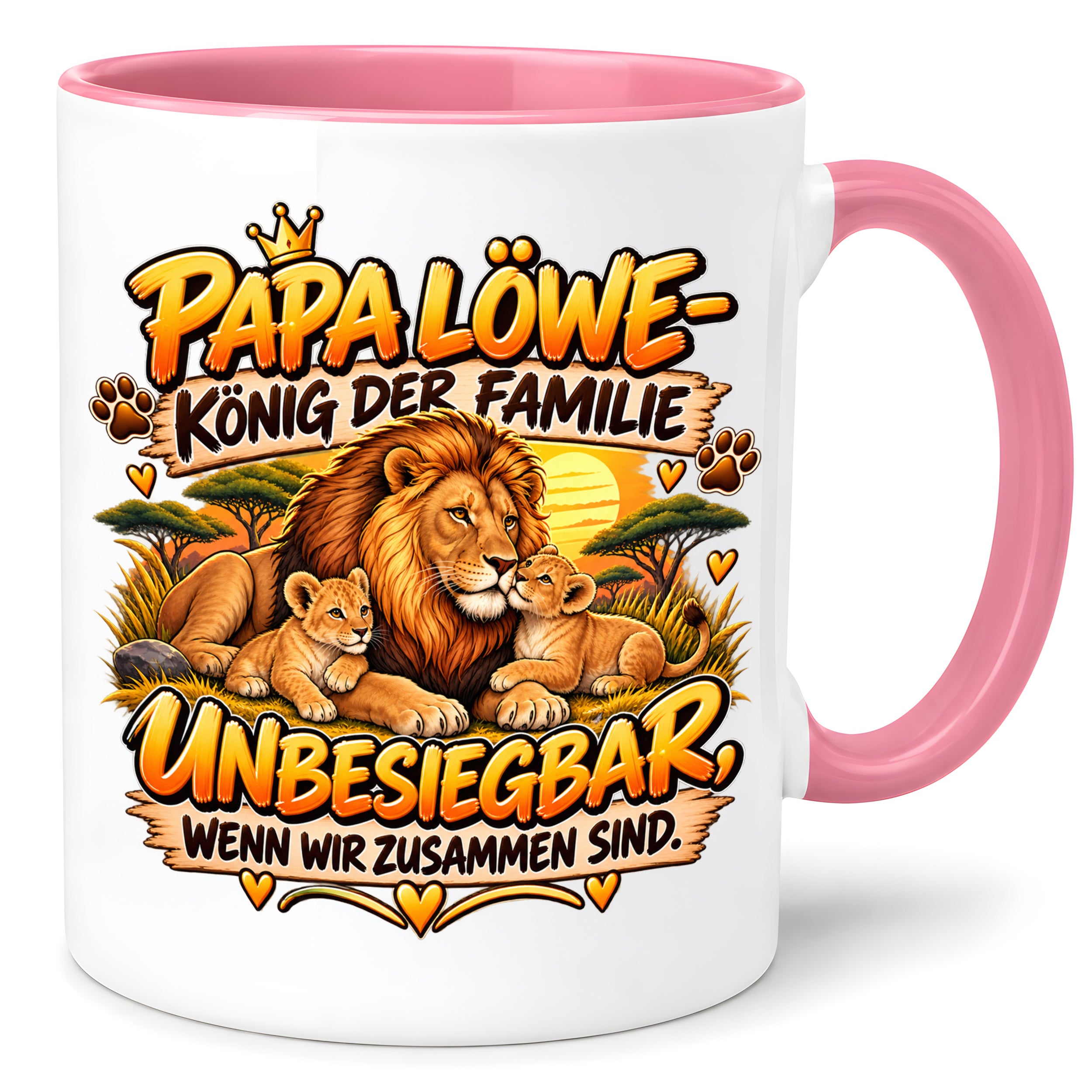 Herzbotschaft Papa Löwe Tasse – König der Familie – Unbesiegbar wenn wir zusammen sind – Geschenk für Papa, Vater, Ehemann – Löwen Familien Tasse – 330 ml