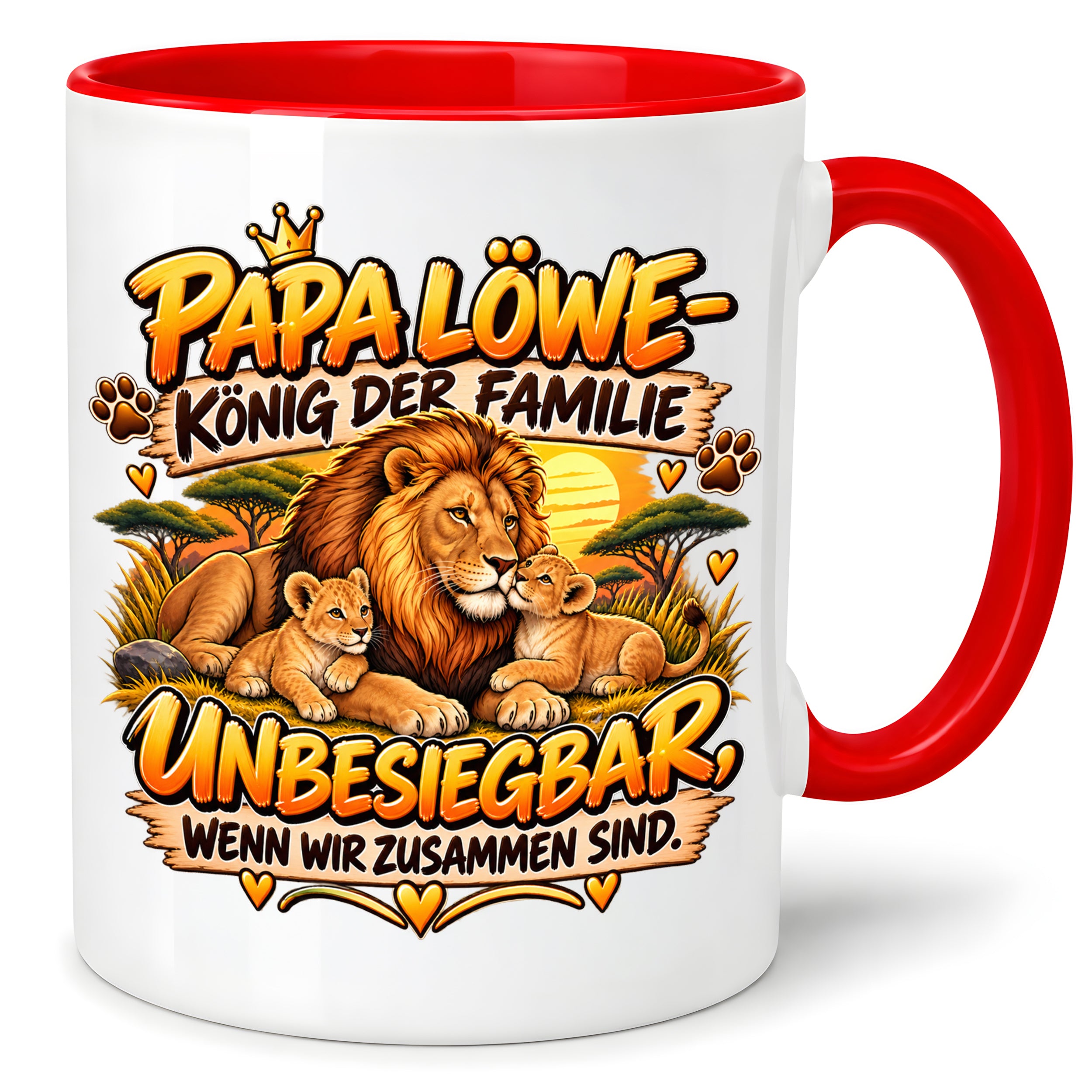 Herzbotschaft Papa Löwe Tasse – König der Familie – Unbesiegbar wenn wir zusammen sind – Geschenk für Papa, Vater, Ehemann – Löwen Familien Tasse – 330 ml