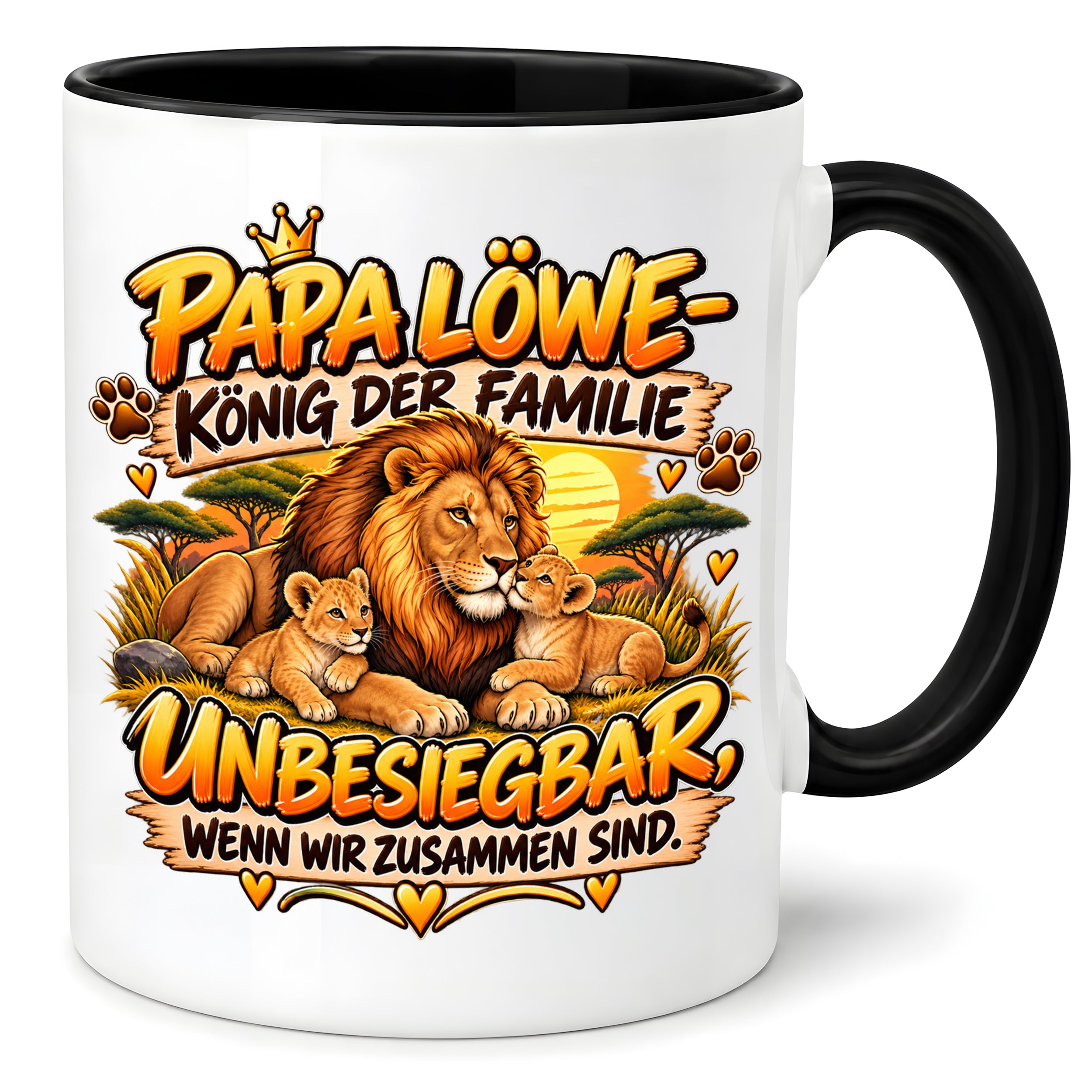 Herzbotschaft Papa Löwe Tasse – König der Familie – Unbesiegbar wenn wir zusammen sind – Geschenk für Papa, Vater, Ehemann – Löwen Familien Tasse – 330 ml