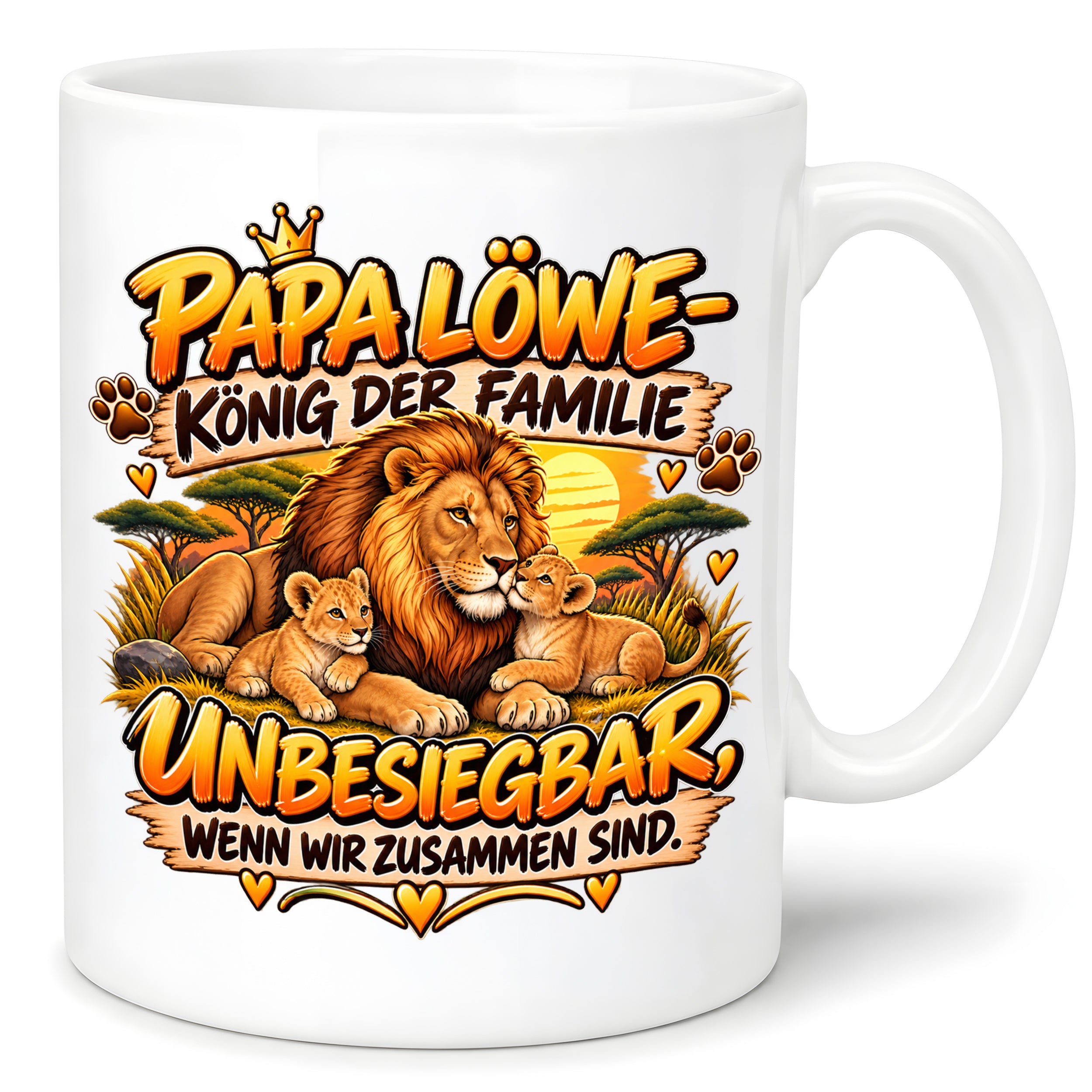 Herzbotschaft Papa Löwe Tasse – König der Familie – Unbesiegbar wenn wir zusammen sind – Geschenk für Papa, Vater, Ehemann – Löwen Familien Tasse – 330 ml