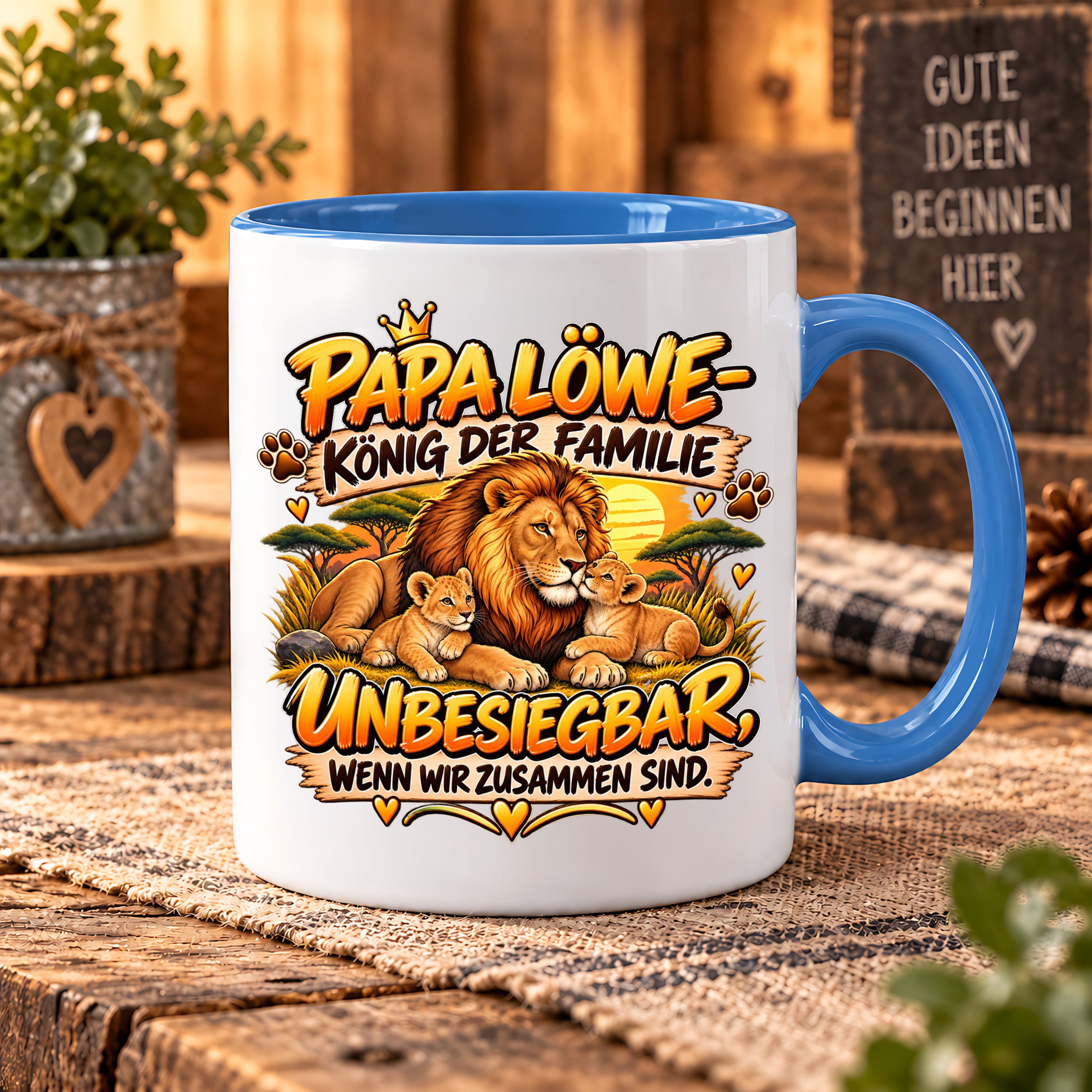 Herzbotschaft Papa Löwe Tasse – König der Familie – Unbesiegbar wenn wir zusammen sind – Geschenk für Papa, Vater, Ehemann – Löwen Familien Tasse – 330 ml