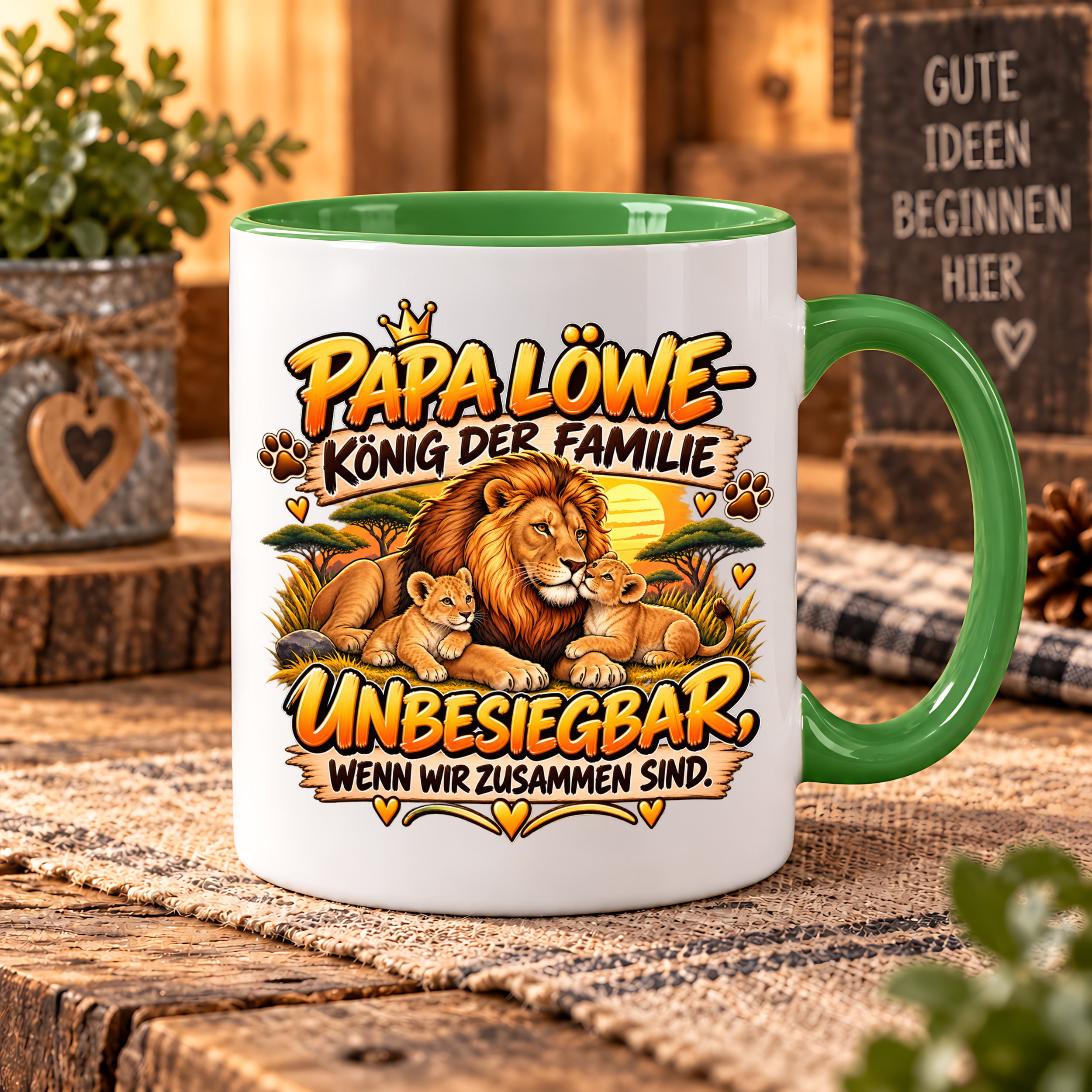 Herzbotschaft Papa Löwe Tasse – König der Familie – Unbesiegbar wenn wir zusammen sind – Geschenk für Papa, Vater, Ehemann – Löwen Familien Tasse – 330 ml