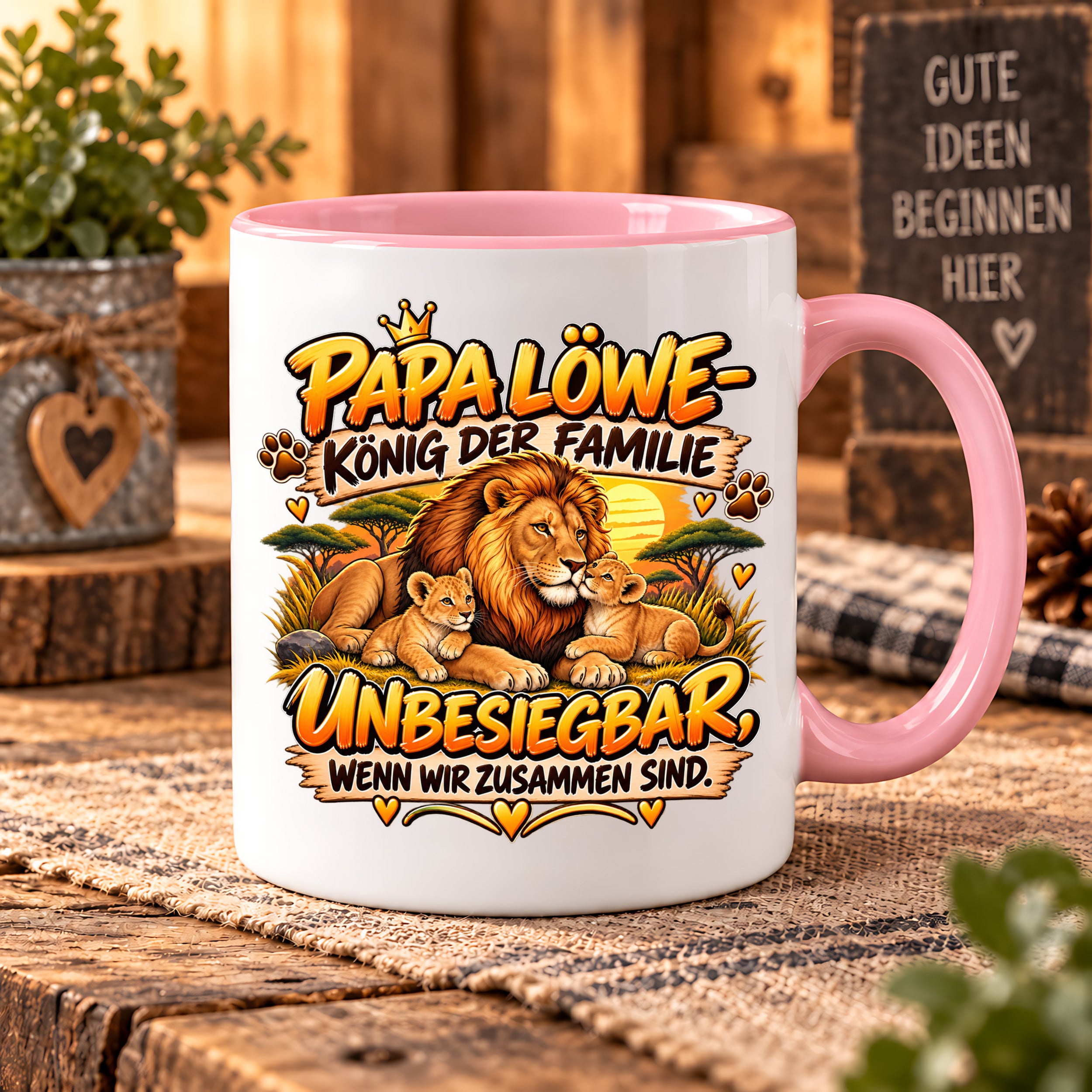 Herzbotschaft Papa Löwe Tasse – König der Familie – Unbesiegbar wenn wir zusammen sind – Geschenk für Papa, Vater, Ehemann – Löwen Familien Tasse – 330 ml