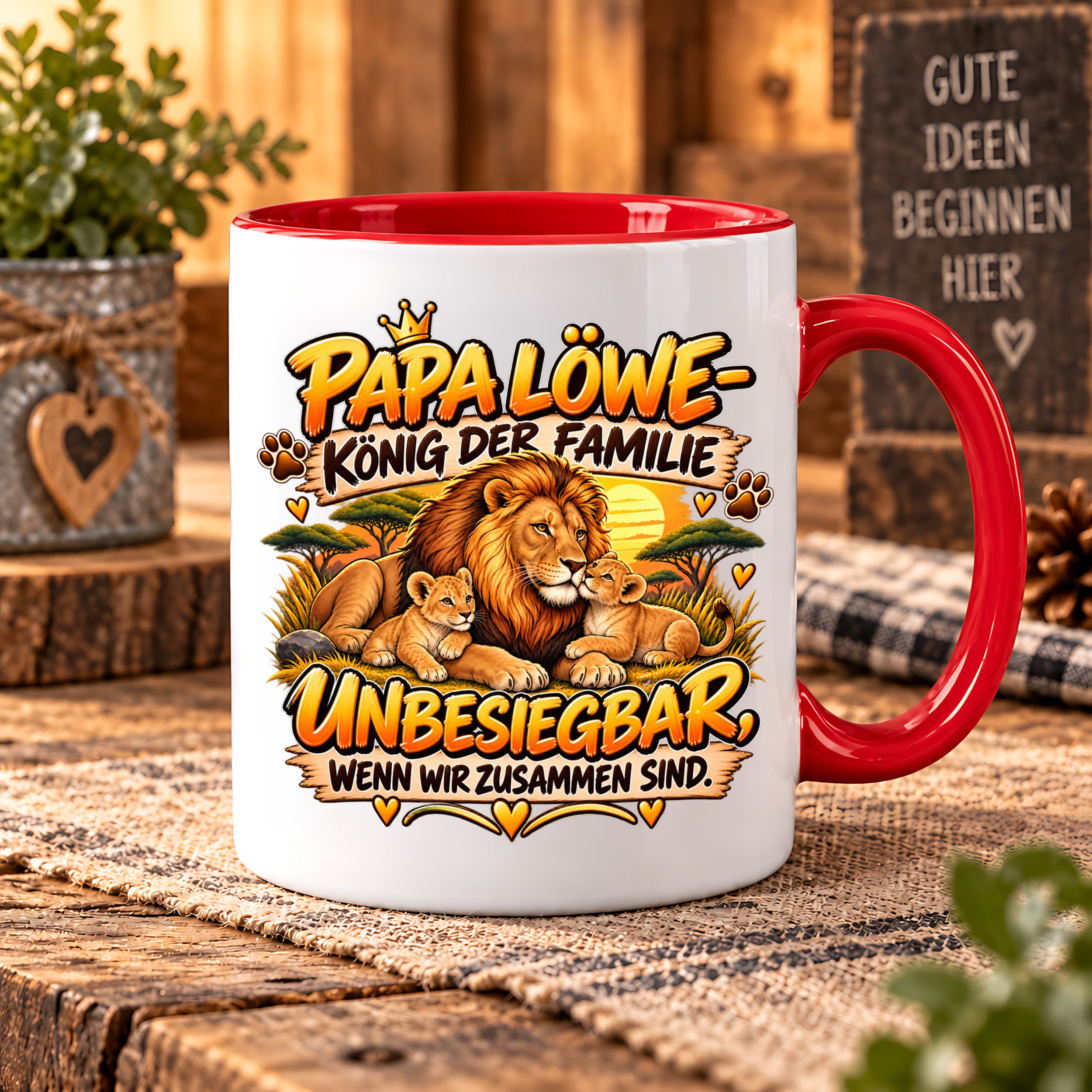 Herzbotschaft Papa Löwe Tasse – König der Familie – Unbesiegbar wenn wir zusammen sind – Geschenk für Papa, Vater, Ehemann – Löwen Familien Tasse – 330 ml