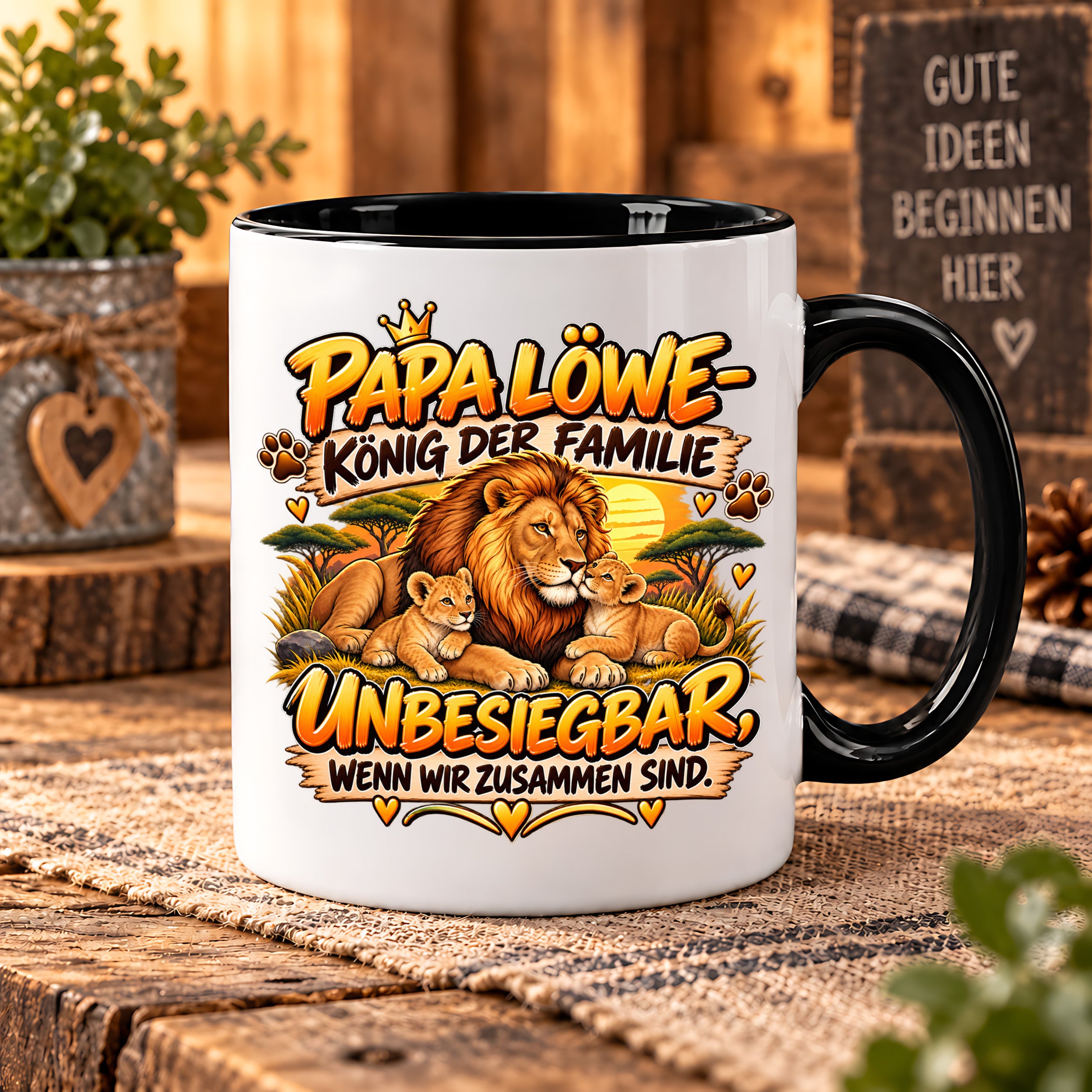 Herzbotschaft Papa Löwe Tasse – König der Familie – Unbesiegbar wenn wir zusammen sind – Geschenk für Papa, Vater, Ehemann – Löwen Familien Tasse – 330 ml