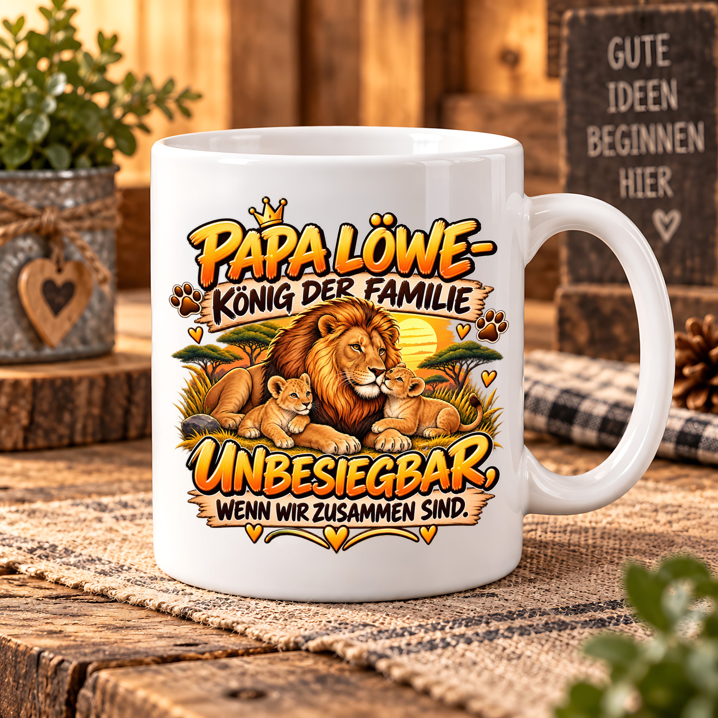Herzbotschaft Papa Löwe Tasse – König der Familie – Unbesiegbar wenn wir zusammen sind – Geschenk für Papa, Vater, Ehemann – Löwen Familien Tasse – 330 ml