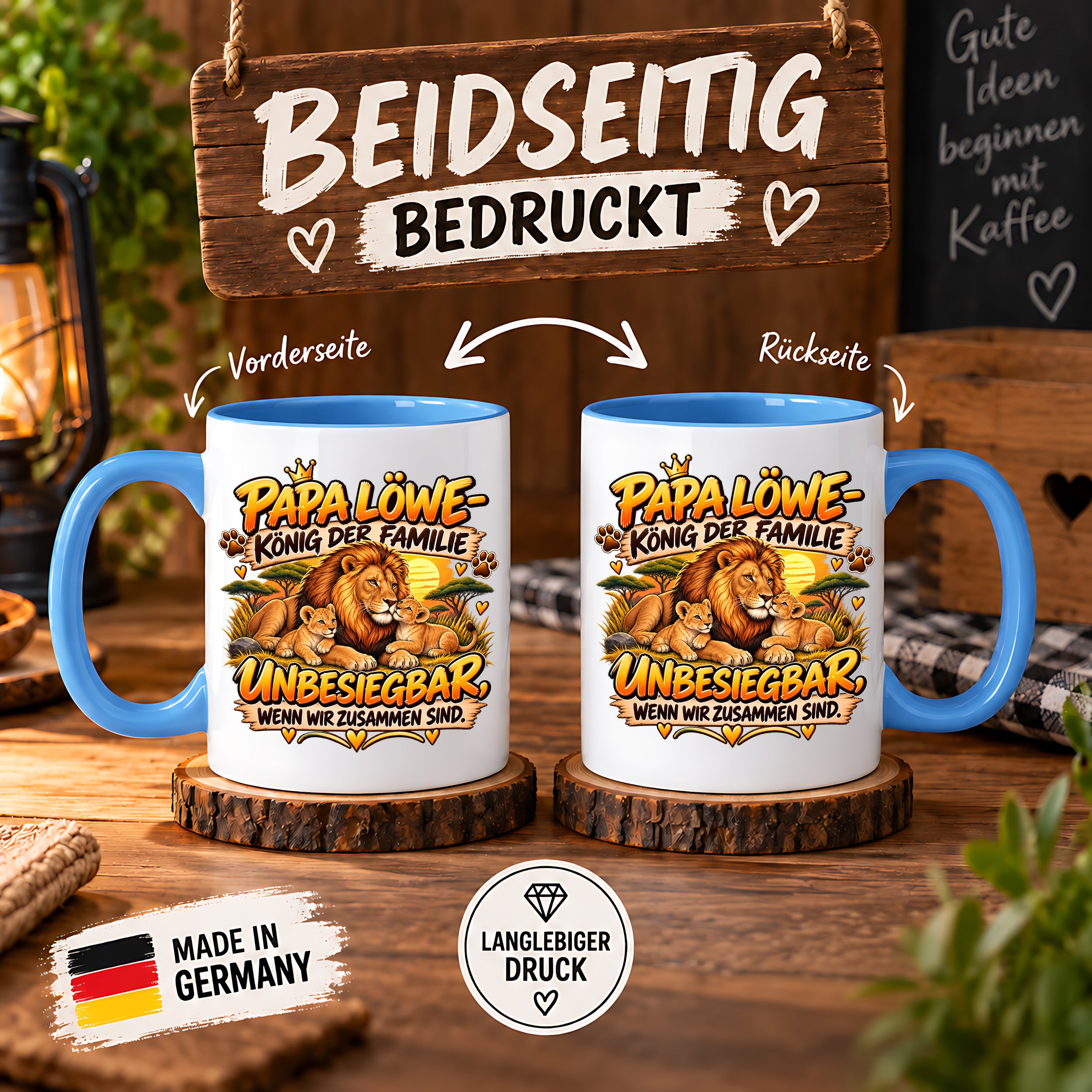 Herzbotschaft Papa Löwe Tasse – König der Familie – Unbesiegbar wenn wir zusammen sind – Geschenk für Papa, Vater, Ehemann – Löwen Familien Tasse – 330 ml