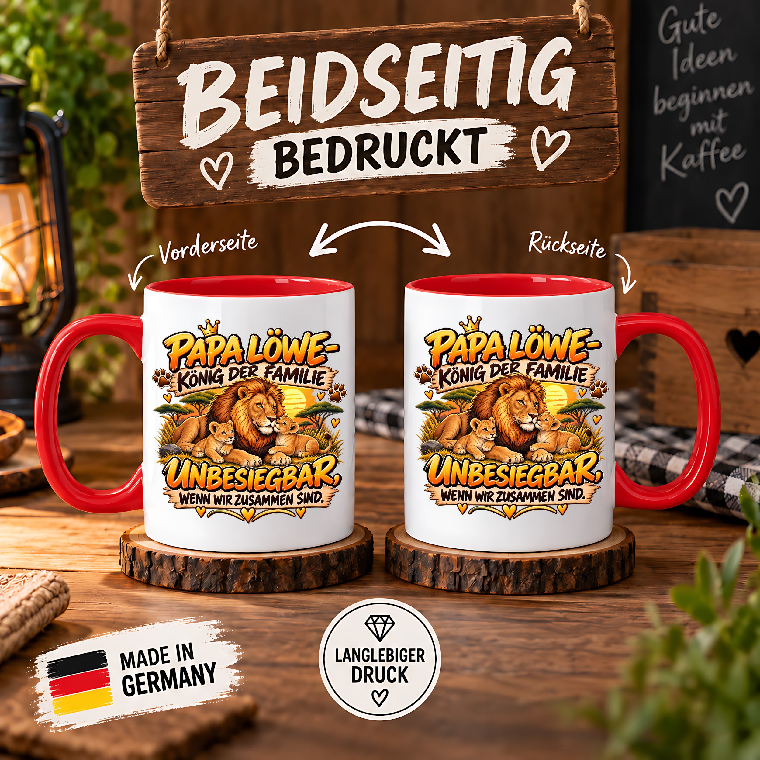 Herzbotschaft Papa Löwe Tasse – König der Familie – Unbesiegbar wenn wir zusammen sind – Geschenk für Papa, Vater, Ehemann – Löwen Familien Tasse – 330 ml