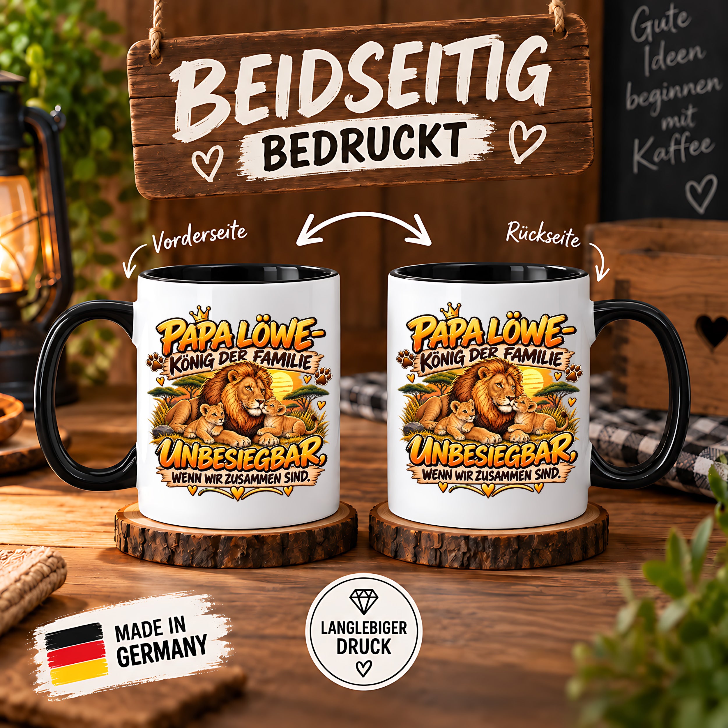 Herzbotschaft Papa Löwe Tasse – König der Familie – Unbesiegbar wenn wir zusammen sind – Geschenk für Papa, Vater, Ehemann – Löwen Familien Tasse – 330 ml