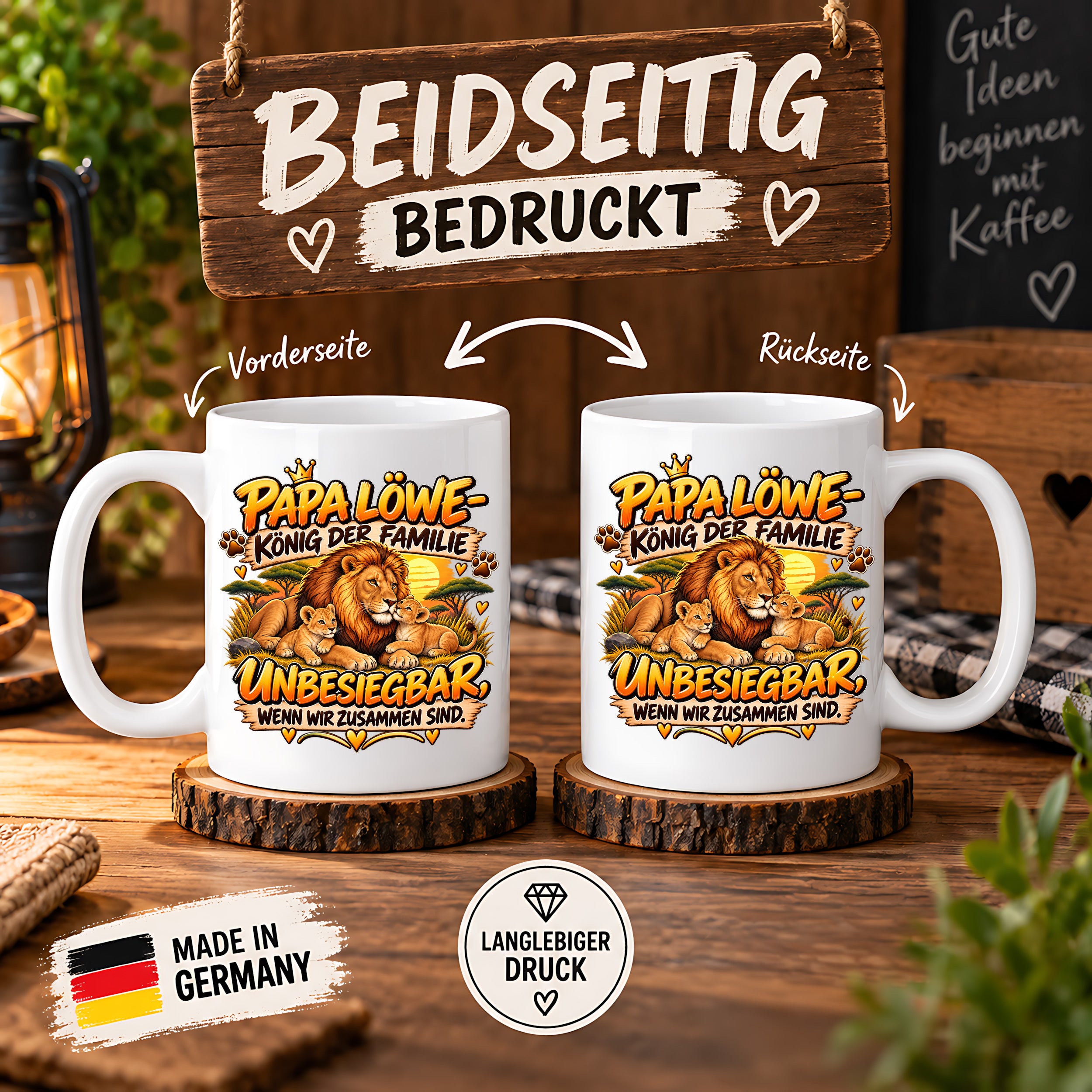 Herzbotschaft Papa Löwe Tasse – König der Familie – Unbesiegbar wenn wir zusammen sind – Geschenk für Papa, Vater, Ehemann – Löwen Familien Tasse – 330 ml