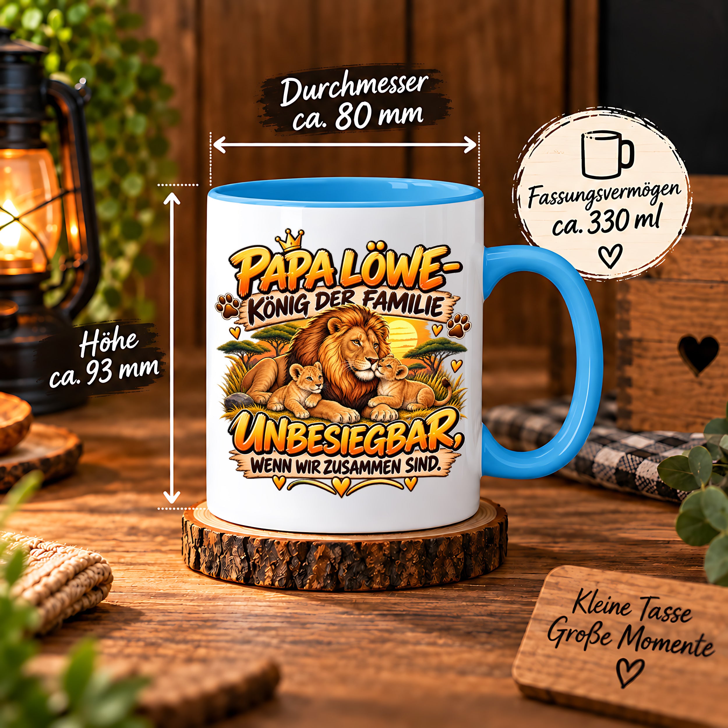 Herzbotschaft Papa Löwe Tasse – König der Familie – Unbesiegbar wenn wir zusammen sind – Geschenk für Papa, Vater, Ehemann – Löwen Familien Tasse – 330 ml