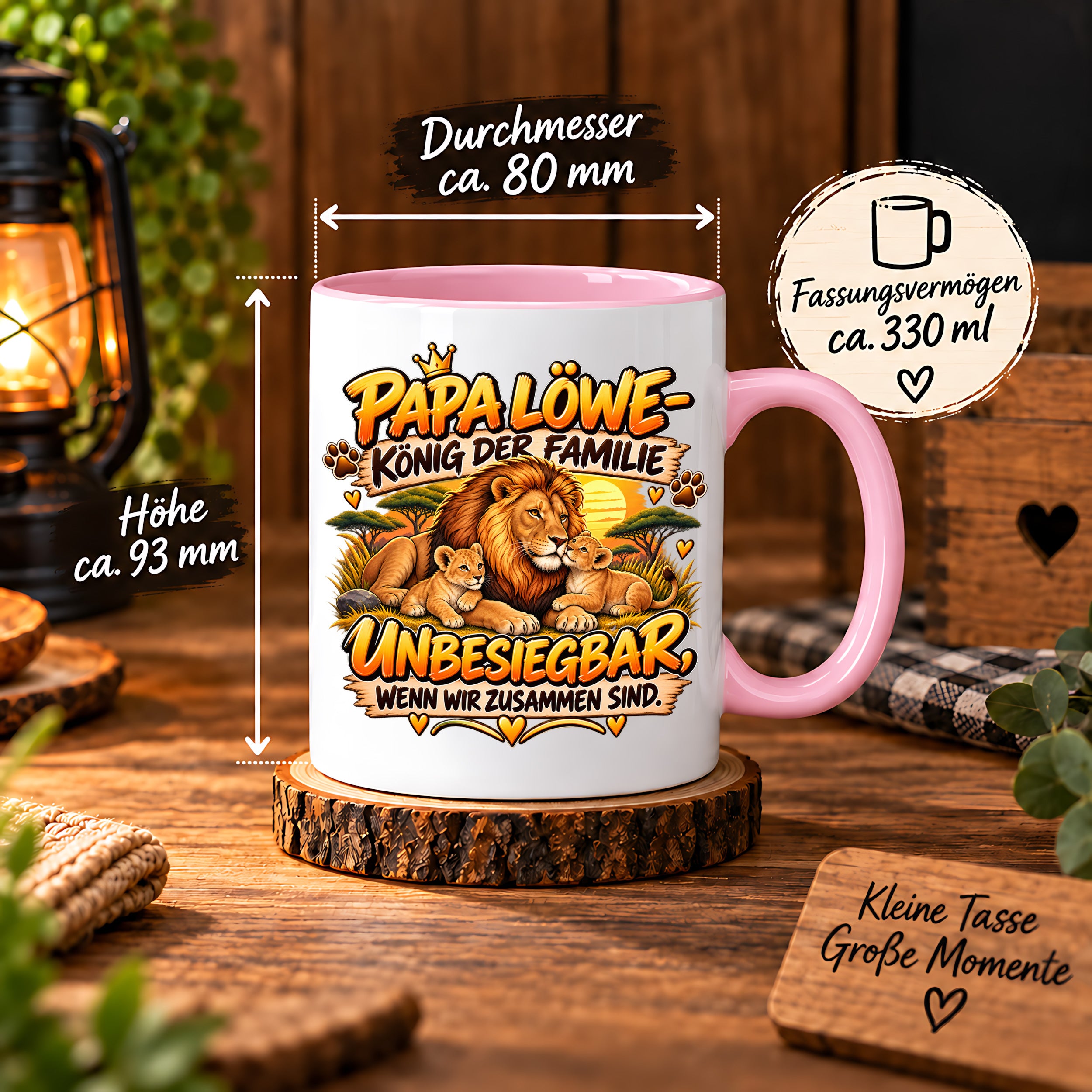 Herzbotschaft Papa Löwe Tasse – König der Familie – Unbesiegbar wenn wir zusammen sind – Geschenk für Papa, Vater, Ehemann – Löwen Familien Tasse – 330 ml