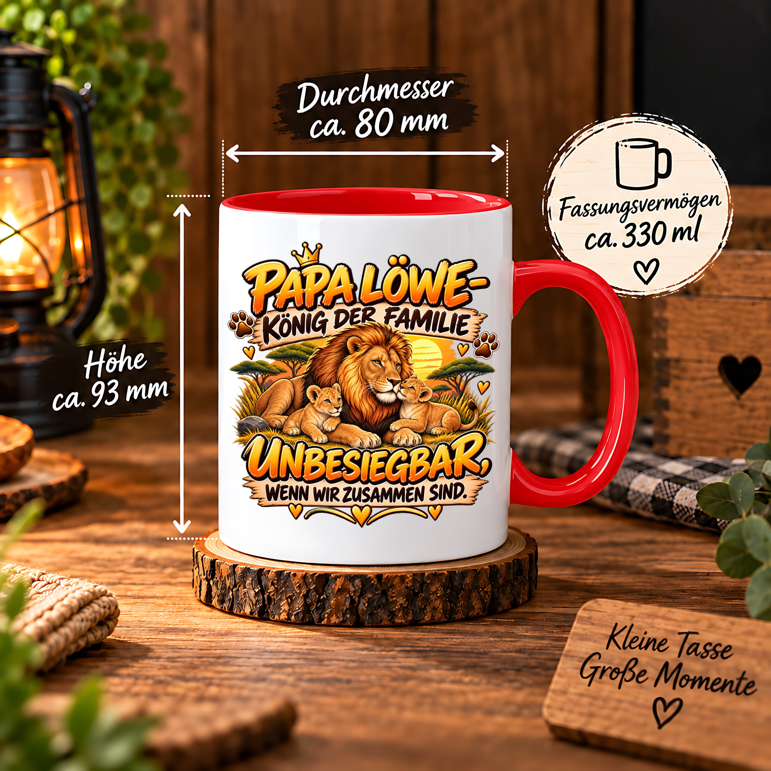 Herzbotschaft Papa Löwe Tasse – König der Familie – Unbesiegbar wenn wir zusammen sind – Geschenk für Papa, Vater, Ehemann – Löwen Familien Tasse – 330 ml