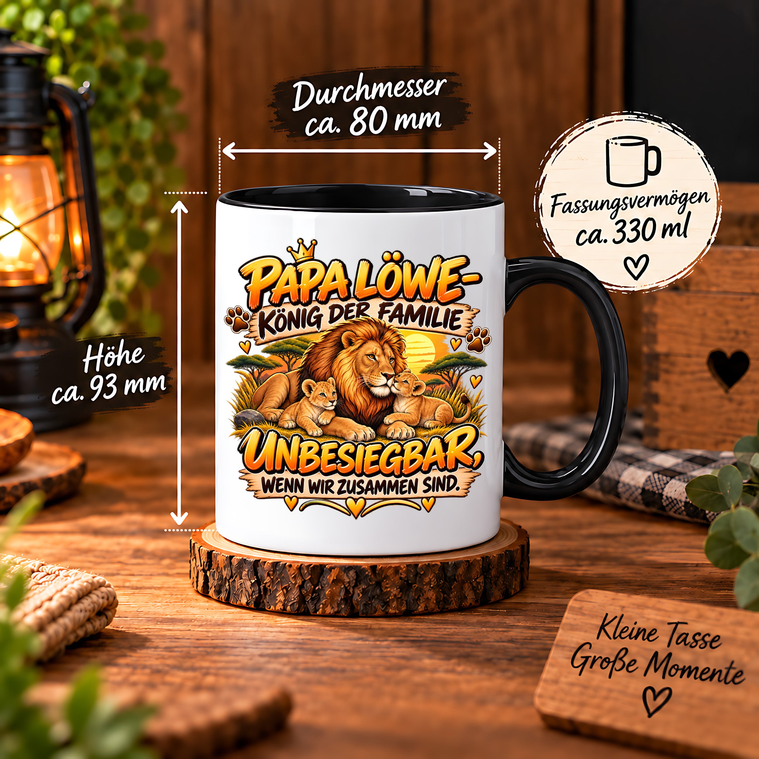 Herzbotschaft Papa Löwe Tasse – König der Familie – Unbesiegbar wenn wir zusammen sind – Geschenk für Papa, Vater, Ehemann – Löwen Familien Tasse – 330 ml