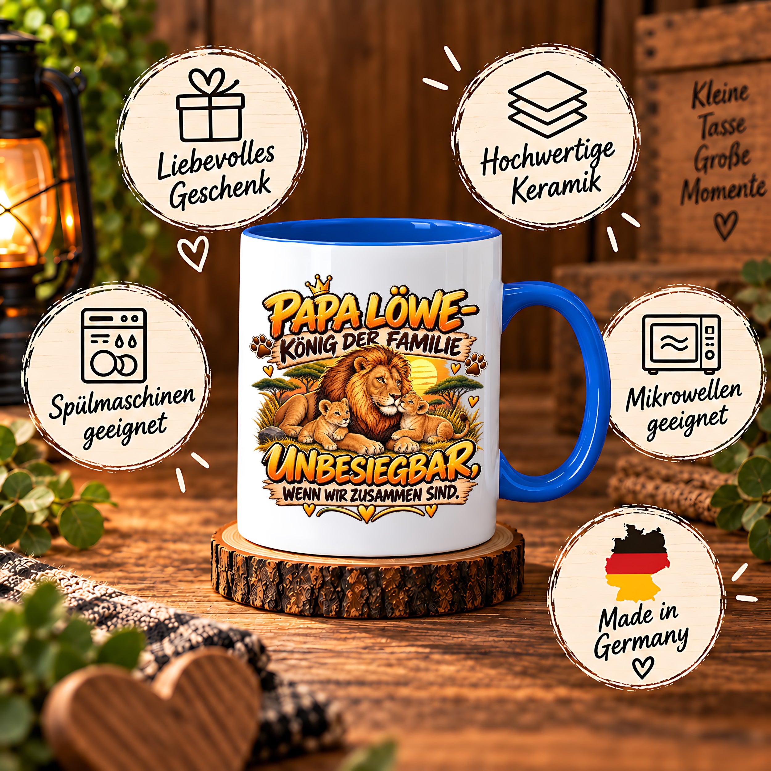 Herzbotschaft Papa Löwe Tasse – König der Familie – Unbesiegbar wenn wir zusammen sind – Geschenk für Papa, Vater, Ehemann – Löwen Familien Tasse – 330 ml