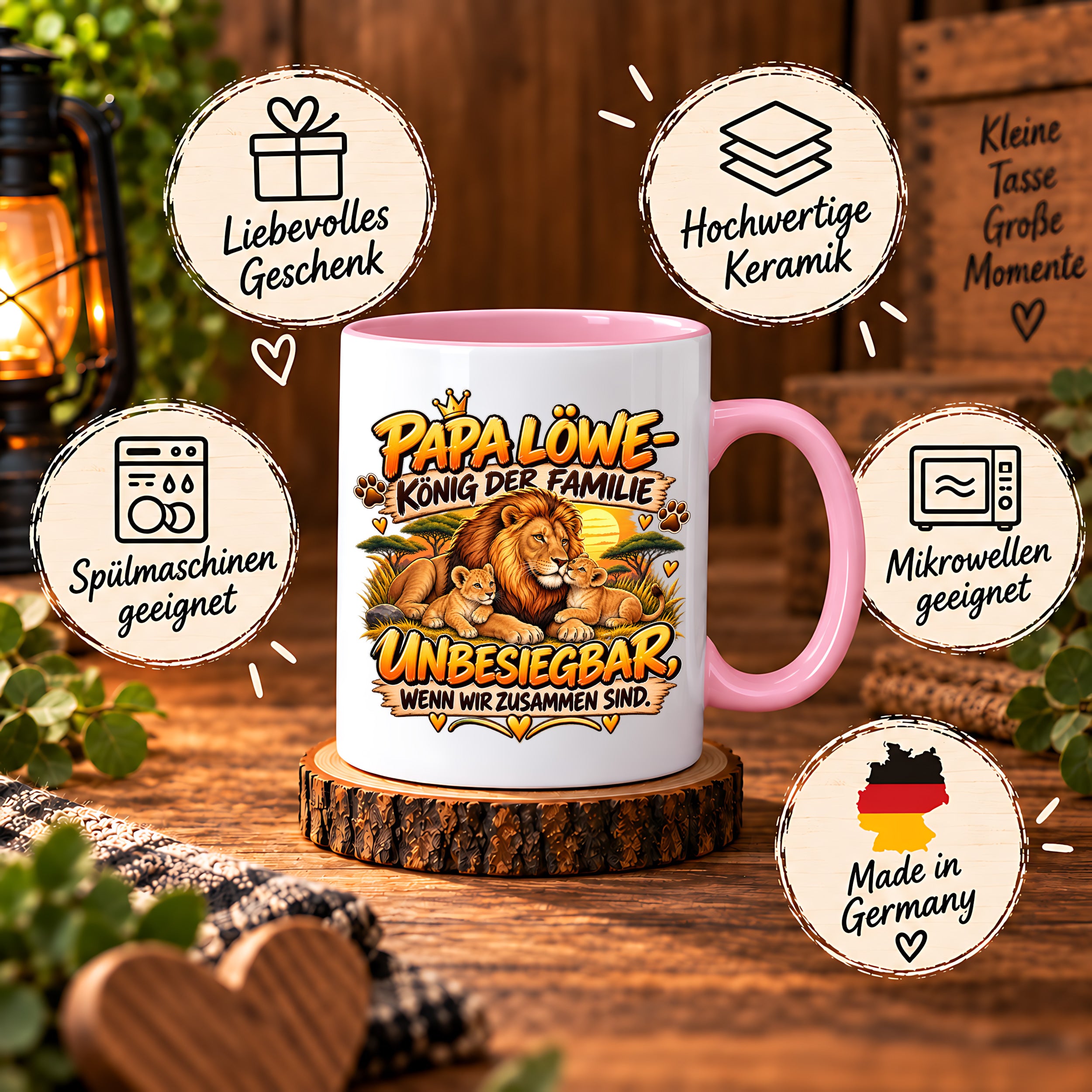 Herzbotschaft Papa Löwe Tasse – König der Familie – Unbesiegbar wenn wir zusammen sind – Geschenk für Papa, Vater, Ehemann – Löwen Familien Tasse – 330 ml
