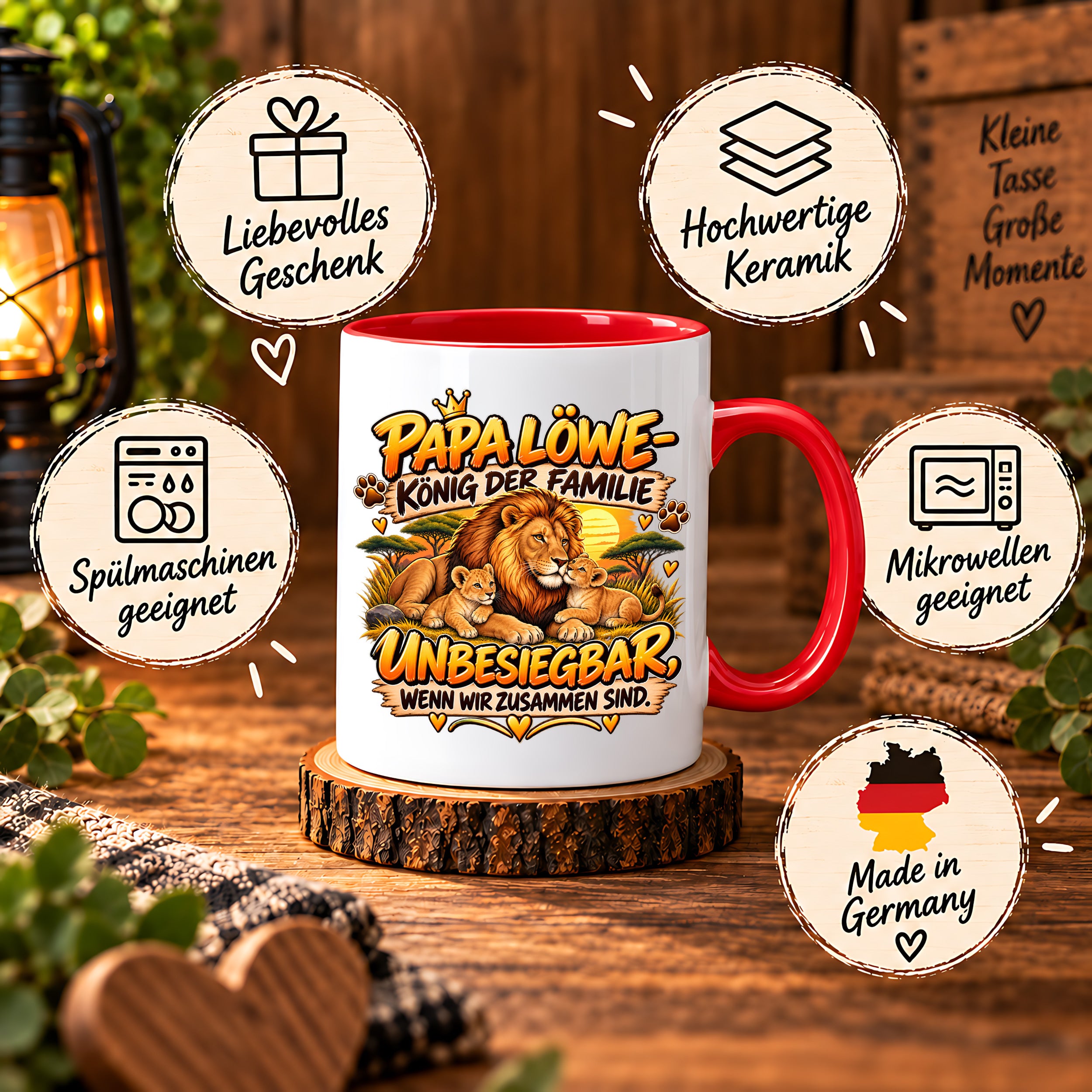 Herzbotschaft Papa Löwe Tasse – König der Familie – Unbesiegbar wenn wir zusammen sind – Geschenk für Papa, Vater, Ehemann – Löwen Familien Tasse – 330 ml