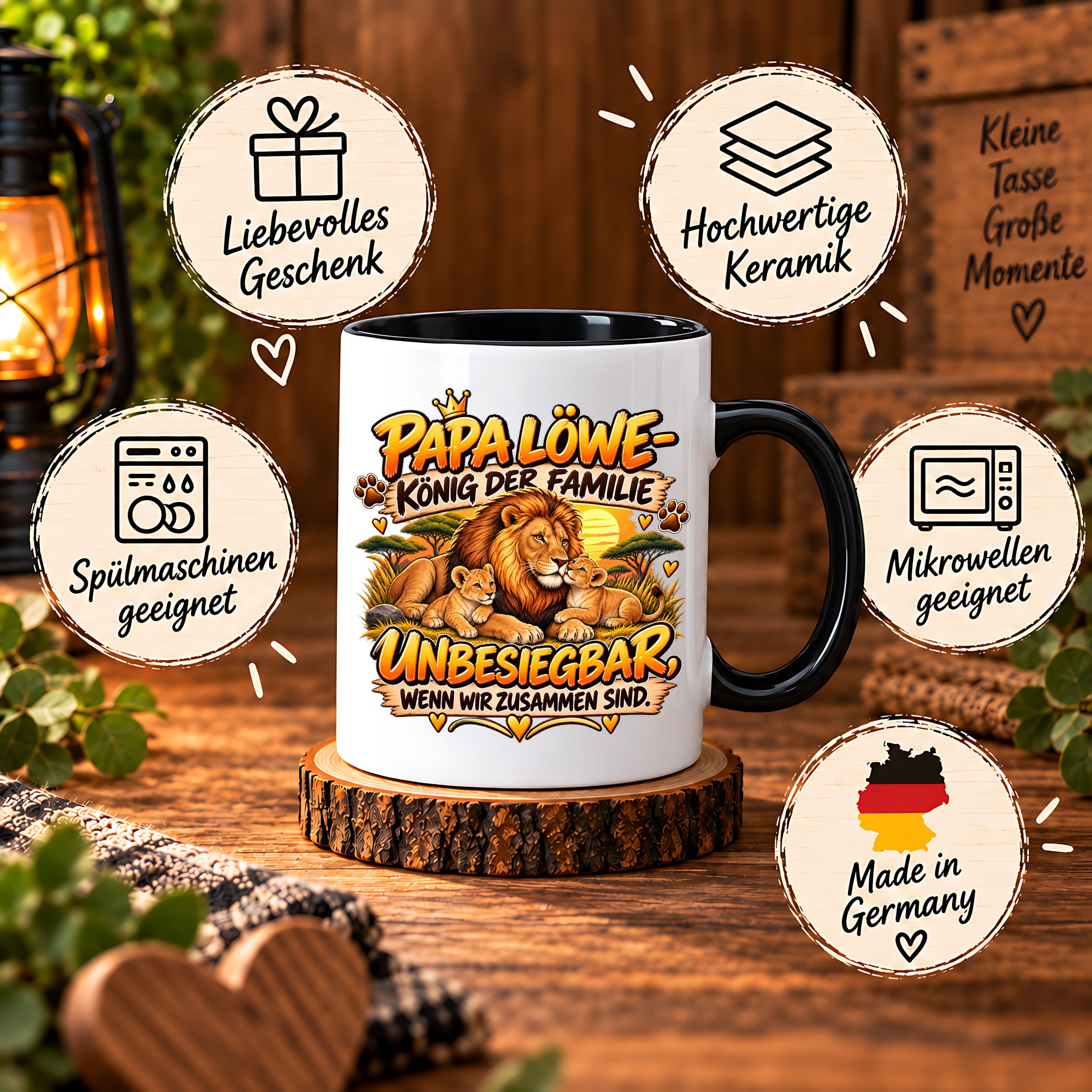 Herzbotschaft Papa Löwe Tasse – König der Familie – Unbesiegbar wenn wir zusammen sind – Geschenk für Papa, Vater, Ehemann – Löwen Familien Tasse – 330 ml