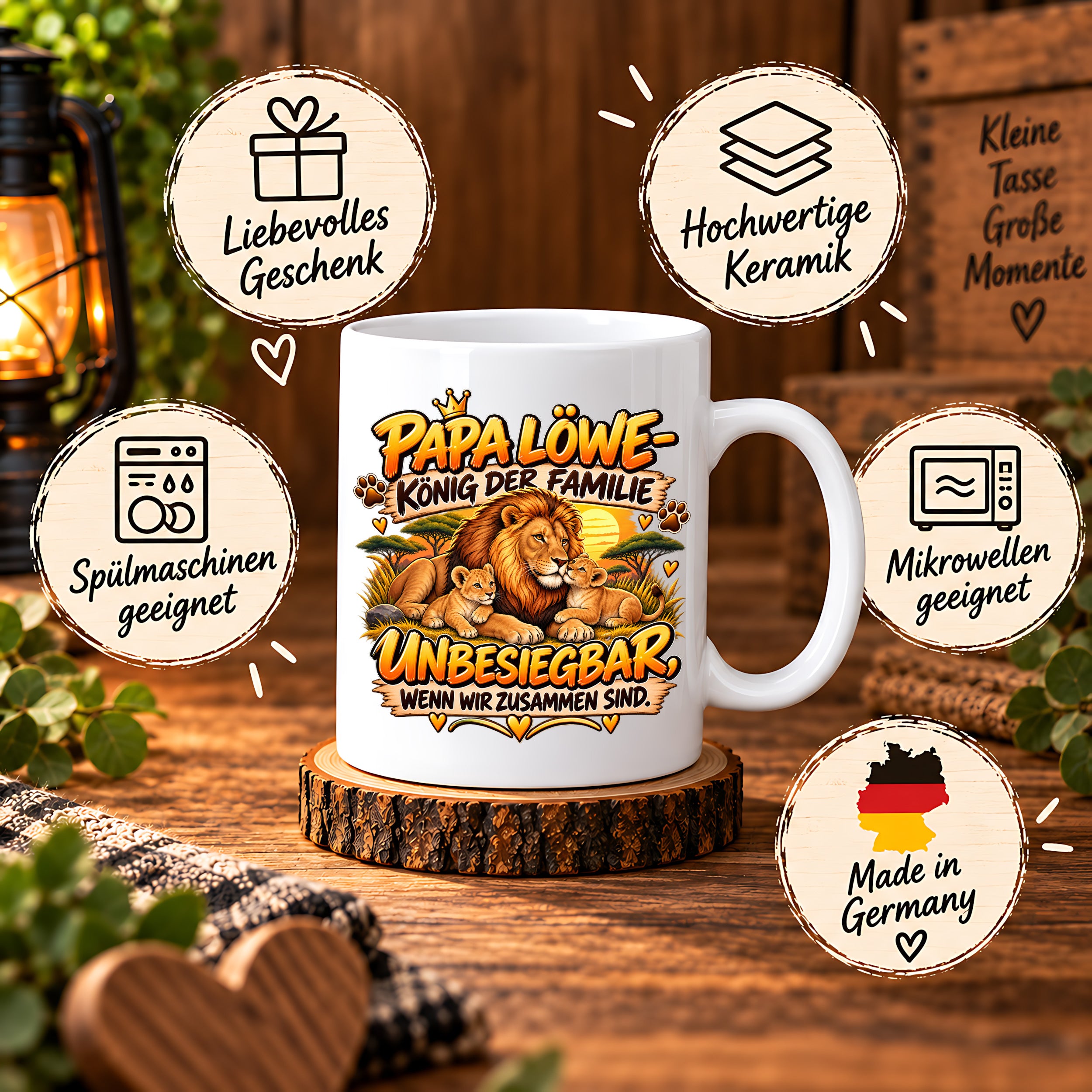 Herzbotschaft Papa Löwe Tasse – König der Familie – Unbesiegbar wenn wir zusammen sind – Geschenk für Papa, Vater, Ehemann – Löwen Familien Tasse – 330 ml