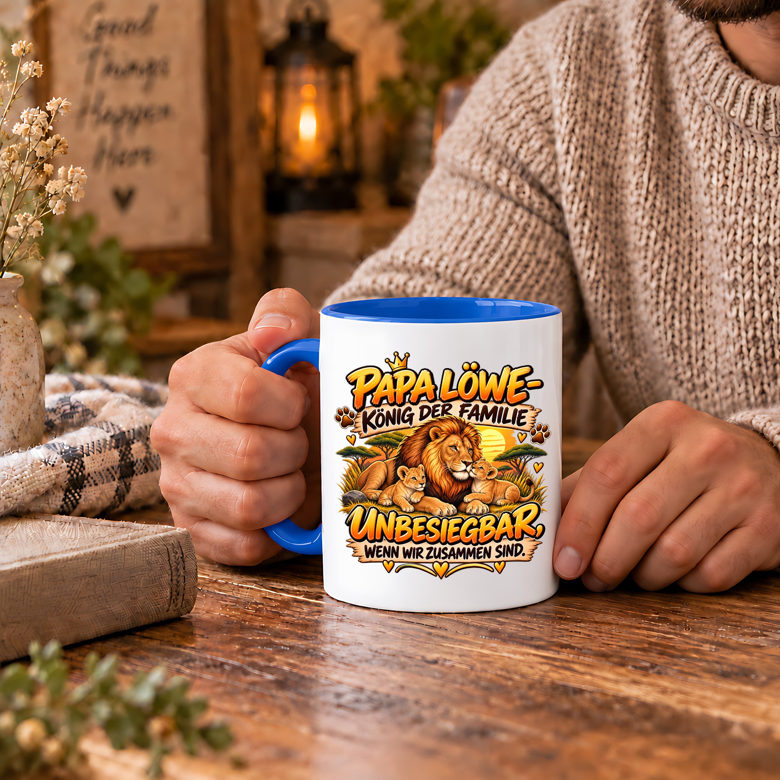 Herzbotschaft Papa Löwe Tasse – König der Familie – Unbesiegbar wenn wir zusammen sind – Geschenk für Papa, Vater, Ehemann – Löwen Familien Tasse – 330 ml