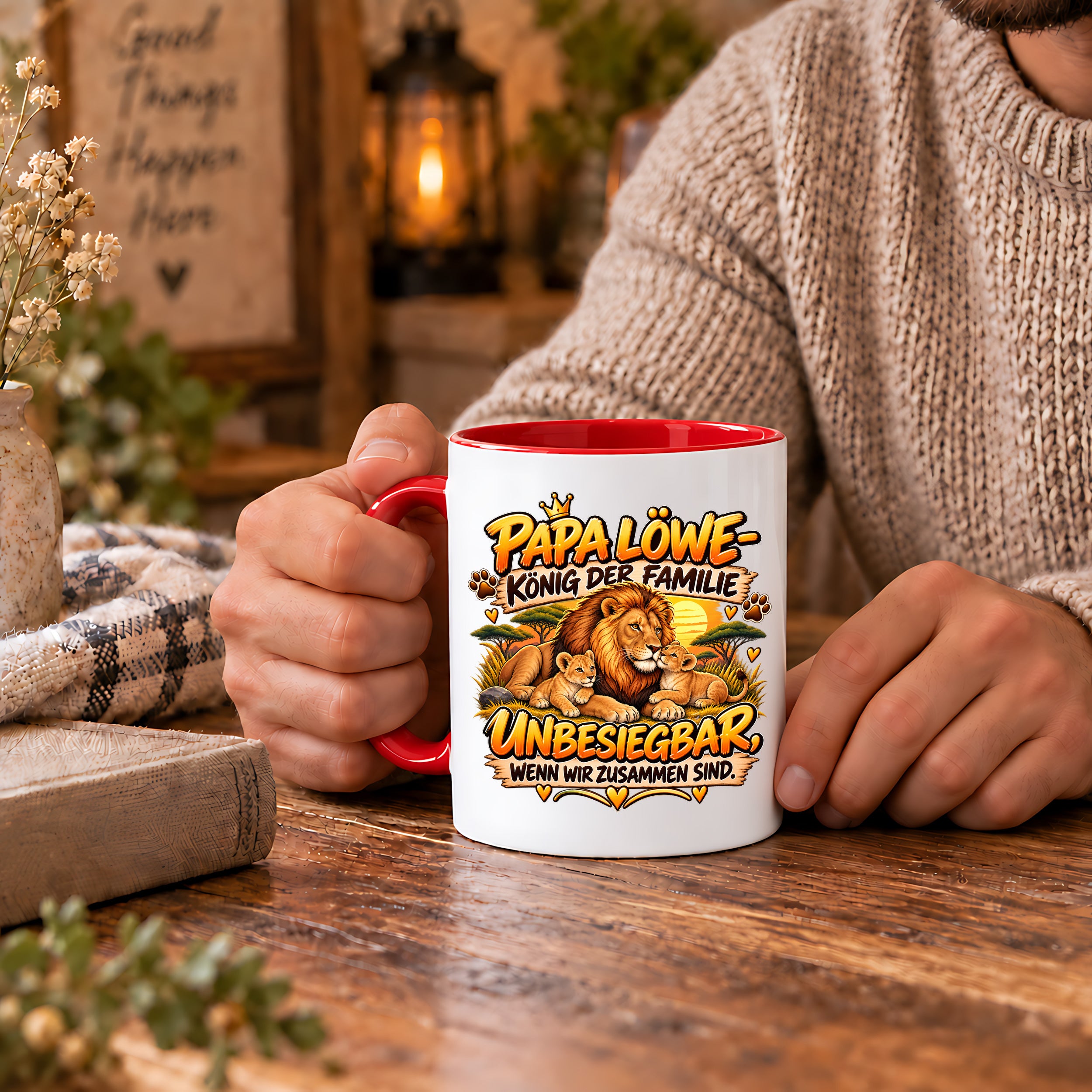 Herzbotschaft Papa Löwe Tasse – König der Familie – Unbesiegbar wenn wir zusammen sind – Geschenk für Papa, Vater, Ehemann – Löwen Familien Tasse – 330 ml