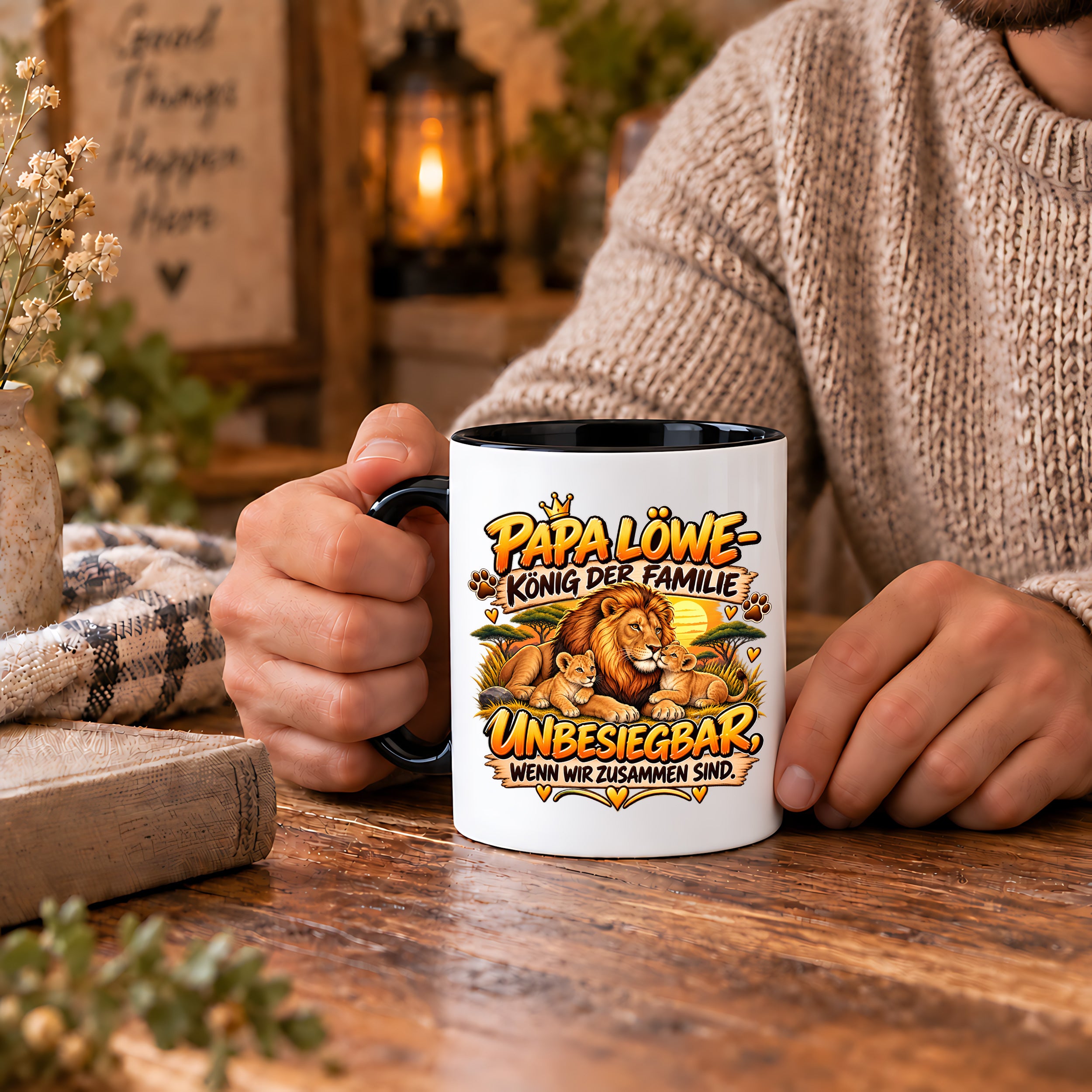 Herzbotschaft Papa Löwe Tasse – König der Familie – Unbesiegbar wenn wir zusammen sind – Geschenk für Papa, Vater, Ehemann – Löwen Familien Tasse – 330 ml