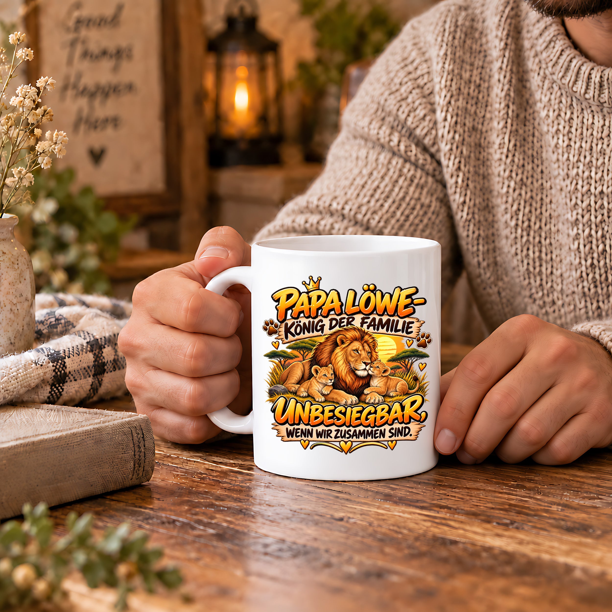 Herzbotschaft Papa Löwe Tasse – König der Familie – Unbesiegbar wenn wir zusammen sind – Geschenk für Papa, Vater, Ehemann – Löwen Familien Tasse – 330 ml