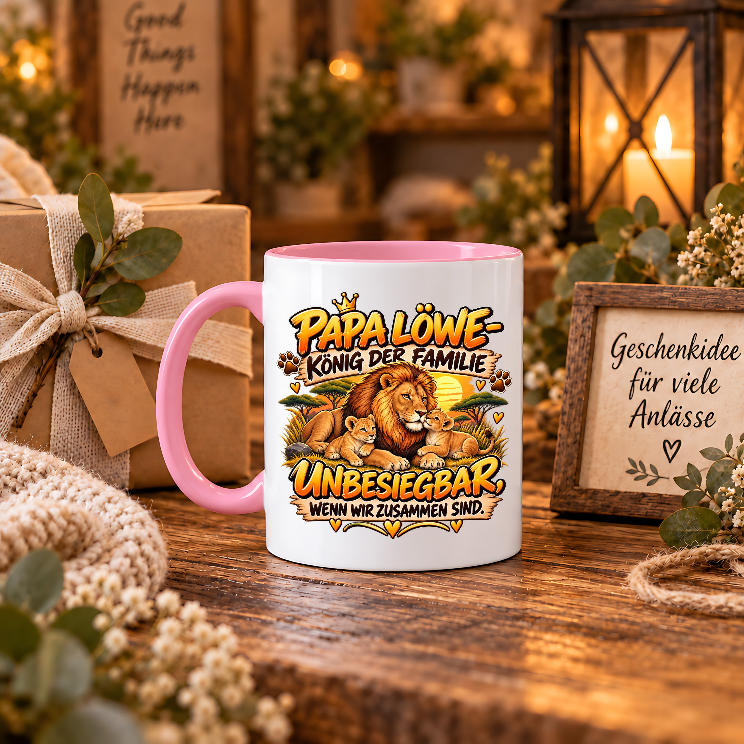 Herzbotschaft Papa Löwe Tasse – König der Familie – Unbesiegbar wenn wir zusammen sind – Geschenk für Papa, Vater, Ehemann – Löwen Familien Tasse – 330 ml