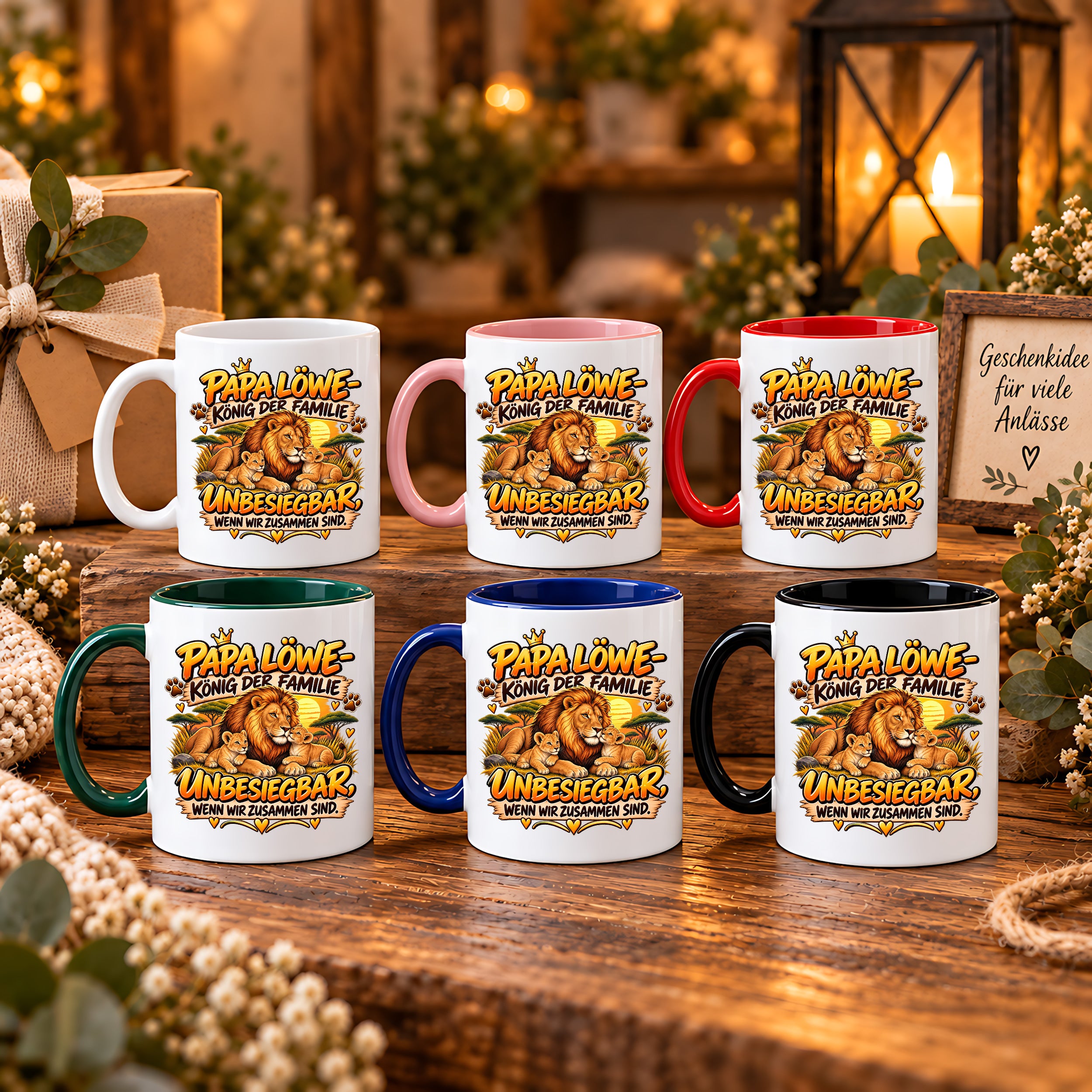 Herzbotschaft Papa Löwe Tasse – König der Familie – Unbesiegbar wenn wir zusammen sind – Geschenk für Papa, Vater, Ehemann – Löwen Familien Tasse – 330 ml