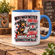 Herzbotschaft Dackel Tasse – Nerv mich weiter und du landest in meiner Tabelle ungeklärte Vermisstenfälle – lustige Tasse mit Hund – Geschenk für Kollegen, Freunde und Dackelfans – 330 ml