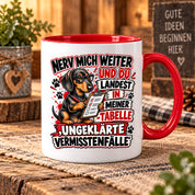 Herzbotschaft Dackel Tasse – Nerv mich weiter und du landest in meiner Tabelle ungeklärte Vermisstenfälle – lustige Tasse mit Hund – Geschenk für Kollegen, Freunde und Dackelfans – 330 ml