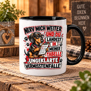 Herzbotschaft Dackel Tasse – Nerv mich weiter und du landest in meiner Tabelle ungeklärte Vermisstenfälle – lustige Tasse mit Hund – Geschenk für Kollegen, Freunde und Dackelfans – 330 ml
