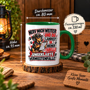 Herzbotschaft Dackel Tasse – Nerv mich weiter und du landest in meiner Tabelle ungeklärte Vermisstenfälle – lustige Tasse mit Hund – Geschenk für Kollegen, Freunde und Dackelfans – 330 ml