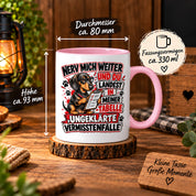 Herzbotschaft Dackel Tasse – Nerv mich weiter und du landest in meiner Tabelle ungeklärte Vermisstenfälle – lustige Tasse mit Hund – Geschenk für Kollegen, Freunde und Dackelfans – 330 ml