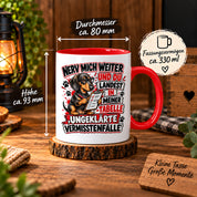 Herzbotschaft Dackel Tasse – Nerv mich weiter und du landest in meiner Tabelle ungeklärte Vermisstenfälle – lustige Tasse mit Hund – Geschenk für Kollegen, Freunde und Dackelfans – 330 ml