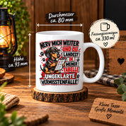 Herzbotschaft Dackel Tasse – Nerv mich weiter und du landest in meiner Tabelle ungeklärte Vermisstenfälle – lustige Tasse mit Hund – Geschenk für Kollegen, Freunde und Dackelfans – 330 ml