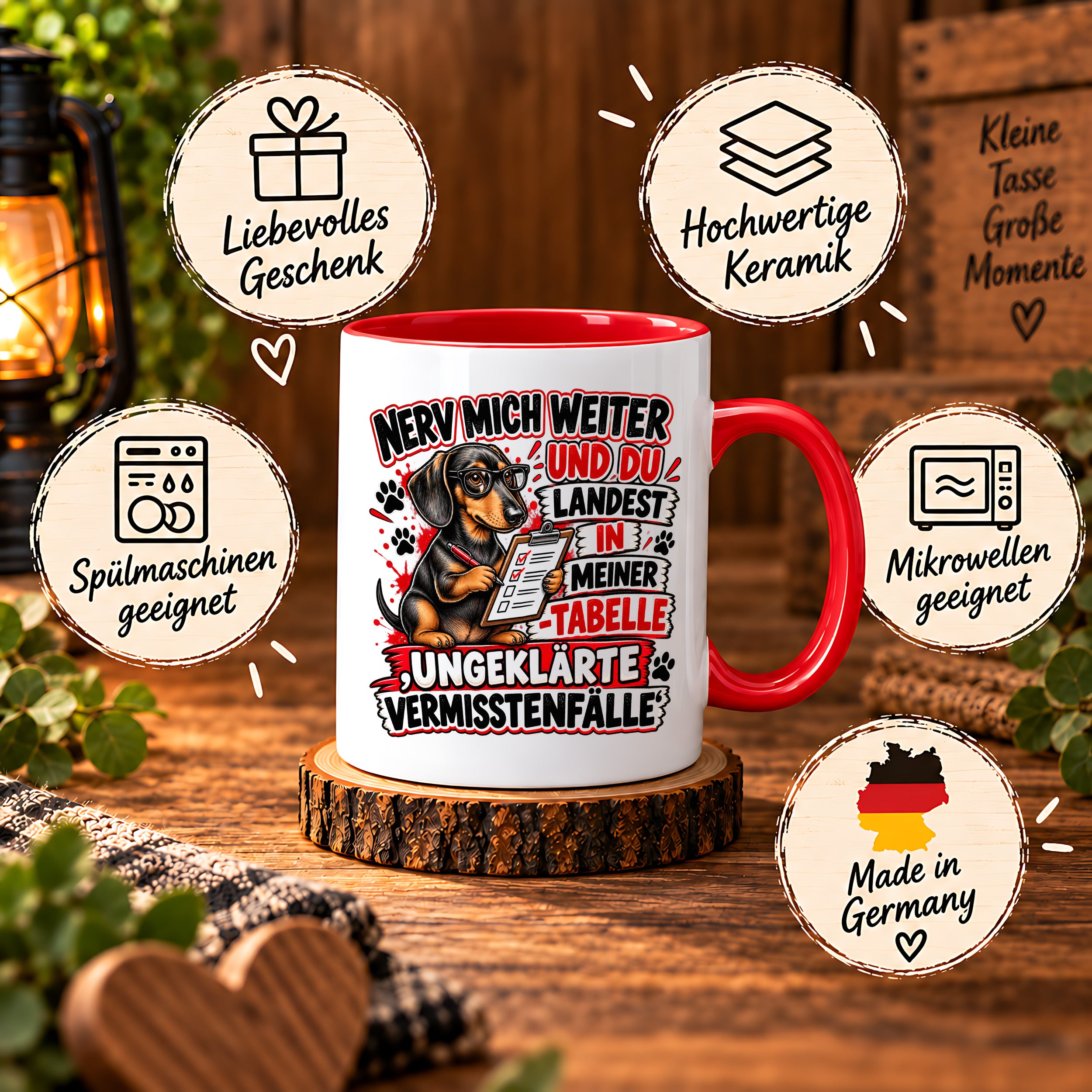 Herzbotschaft Dackel Tasse – Nerv mich weiter und du landest in meiner Tabelle ungeklärte Vermisstenfälle – lustige Tasse mit Hund – Geschenk für Kollegen, Freunde und Dackelfans – 330 ml