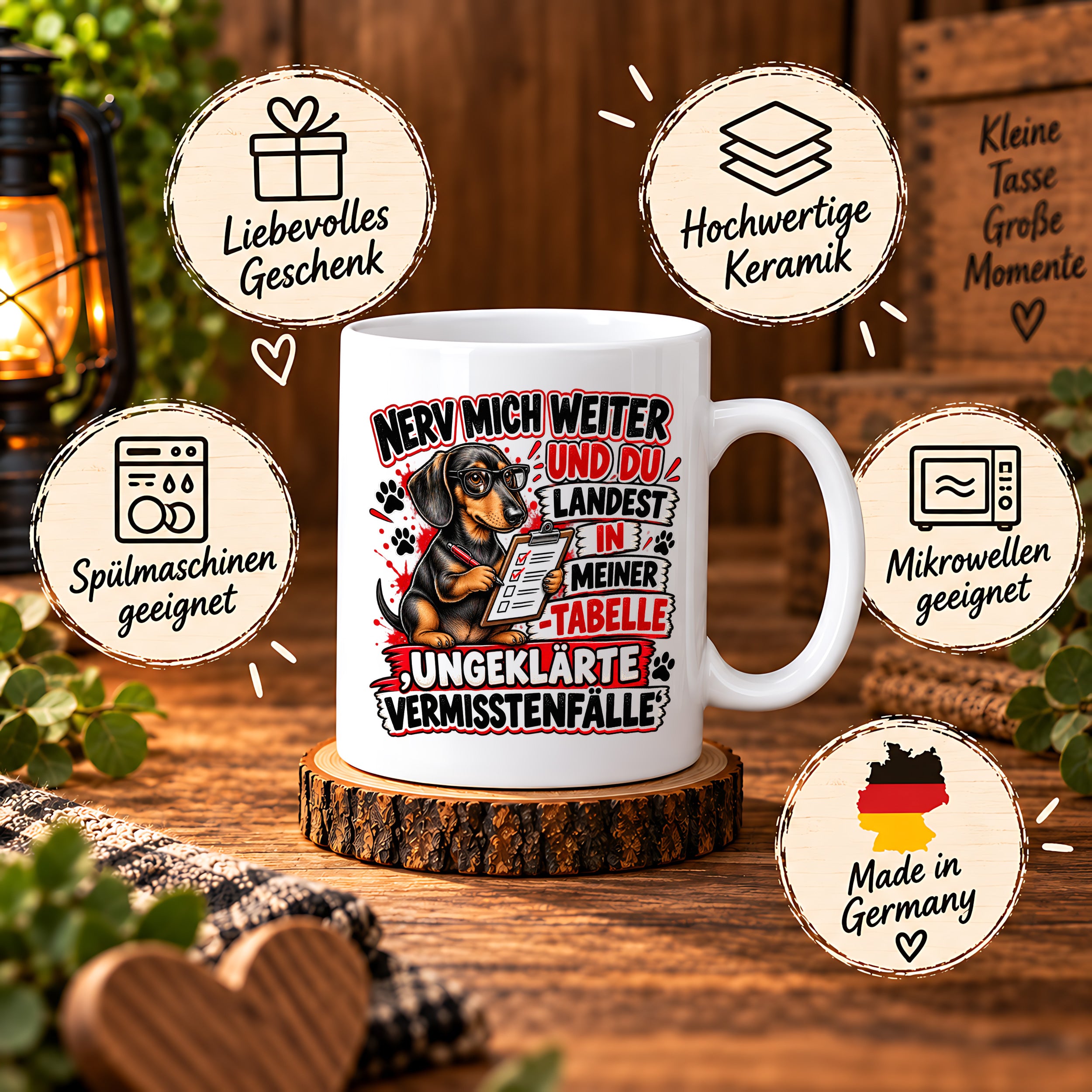 Herzbotschaft Dackel Tasse – Nerv mich weiter und du landest in meiner Tabelle ungeklärte Vermisstenfälle – lustige Tasse mit Hund – Geschenk für Kollegen, Freunde und Dackelfans – 330 ml