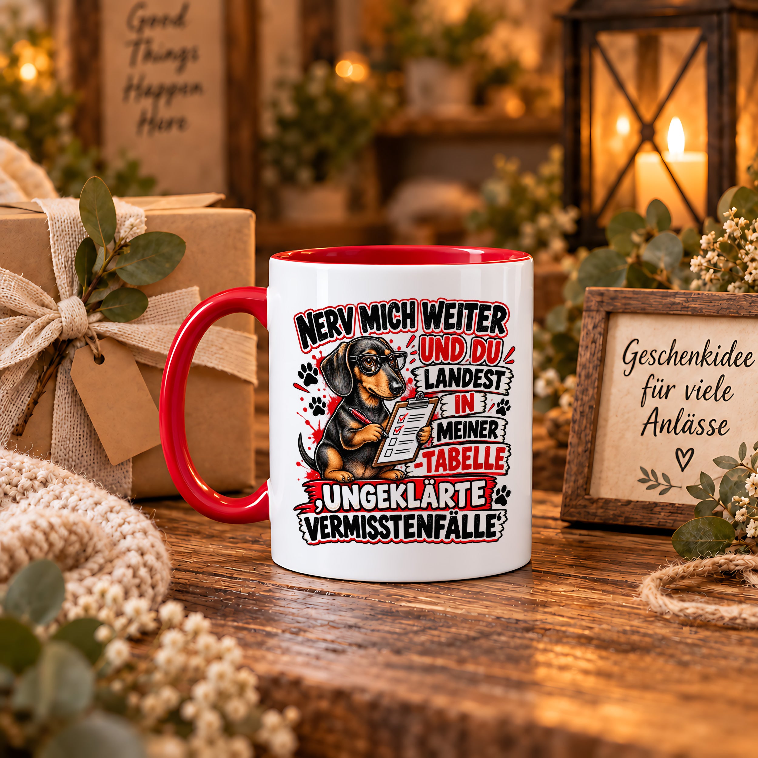 Herzbotschaft Dackel Tasse – Nerv mich weiter und du landest in meiner Tabelle ungeklärte Vermisstenfälle – lustige Tasse mit Hund – Geschenk für Kollegen, Freunde und Dackelfans – 330 ml