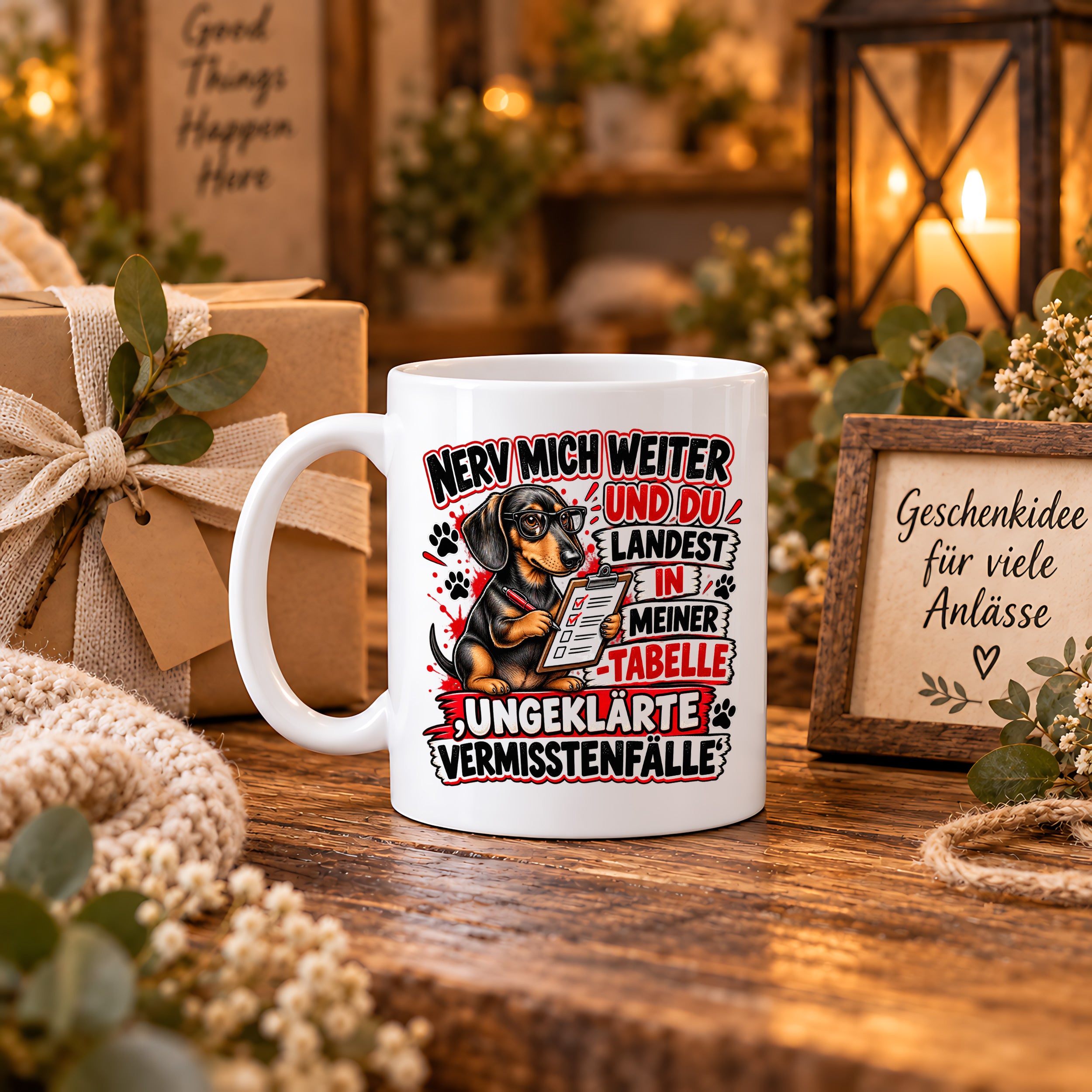 Herzbotschaft Dackel Tasse – Nerv mich weiter und du landest in meiner Tabelle ungeklärte Vermisstenfälle – lustige Tasse mit Hund – Geschenk für Kollegen, Freunde und Dackelfans – 330 ml
