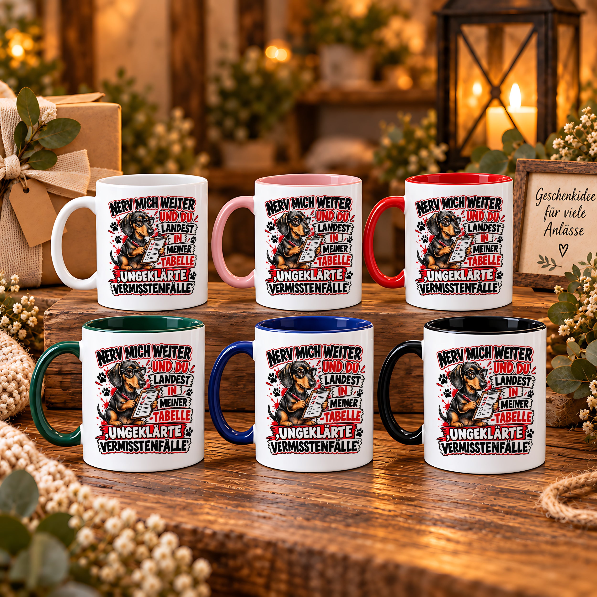Herzbotschaft Dackel Tasse – Nerv mich weiter und du landest in meiner Tabelle ungeklärte Vermisstenfälle – lustige Tasse mit Hund – Geschenk für Kollegen, Freunde und Dackelfans – 330 ml