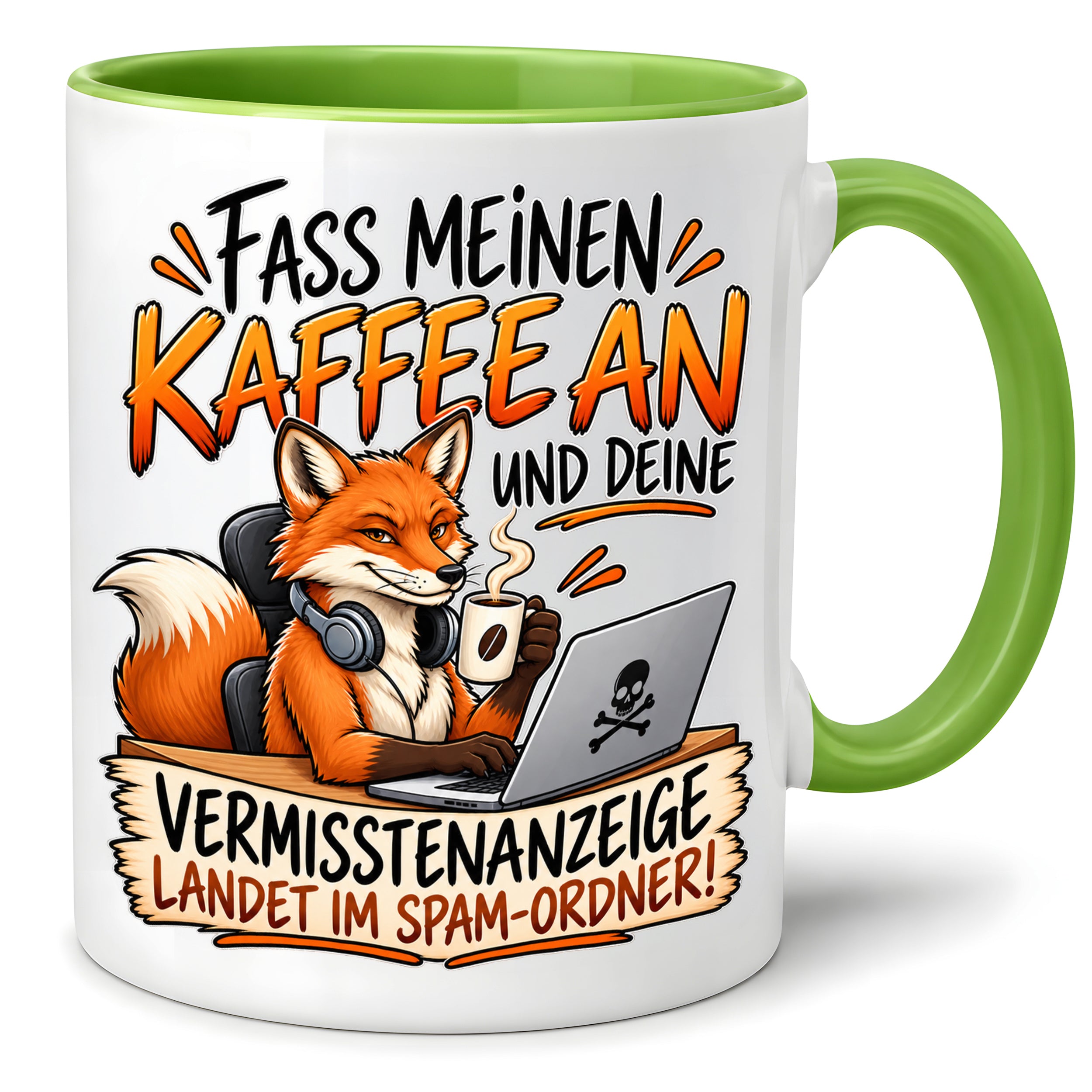 Herzbotschaft Fuchs Tasse – Fass meinen Kaffee an und deine Vermisstenanzeige landet im Spam-Ordner – Lustige Spruchtasse mit Fuchs – Geschenk für Kollegen, Freunde und Kaffeeliebhaber – 330 ml
